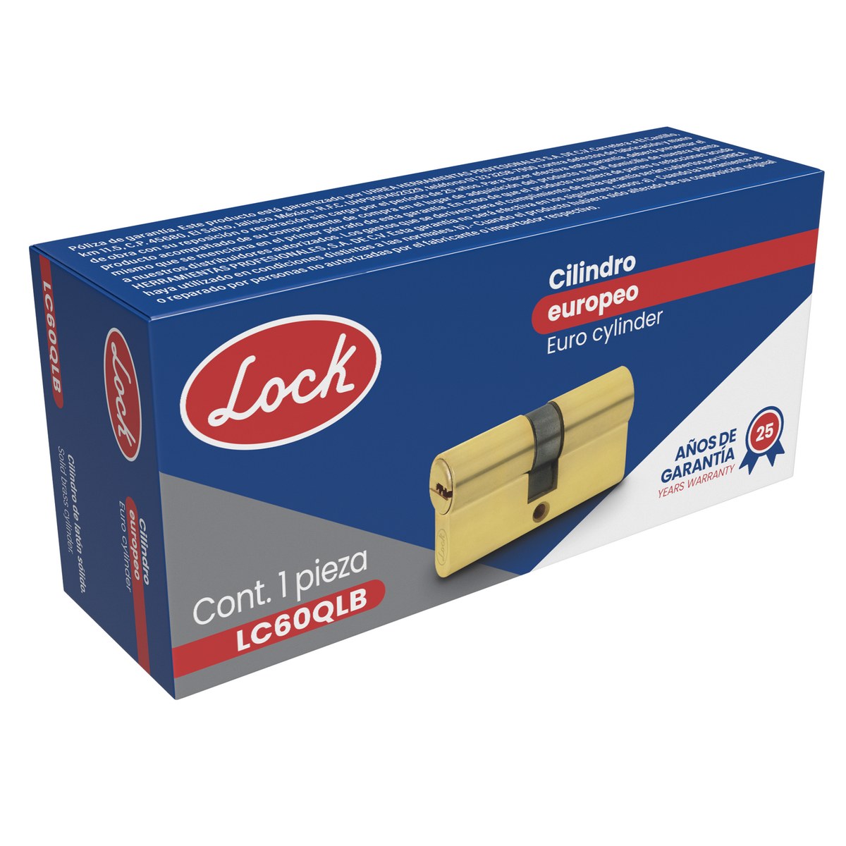 Cilindro europeo 60 mm función doble, latón brillante, llave de puntos, en caja Lock - Imagen 2