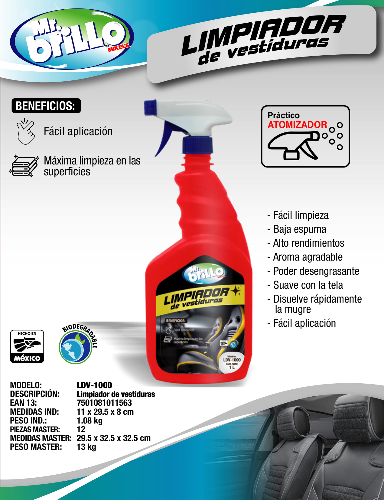 MR. BRILLO LDV-1000 Limpiador de vestiduras biodegradable - Imagen 4