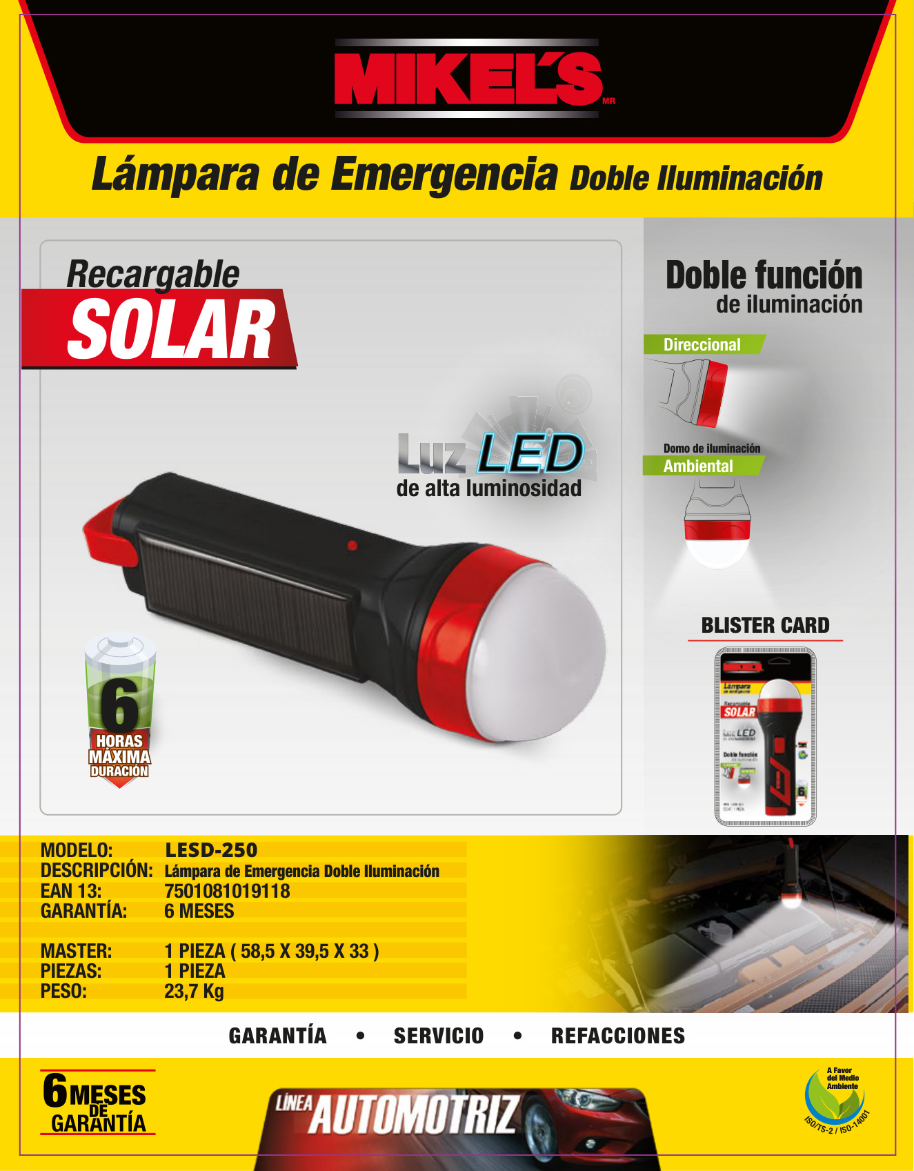 MIKELS LESD-250 Lámpara solar de emergencia (250 mAh) doble Iluminación - Imagen 4