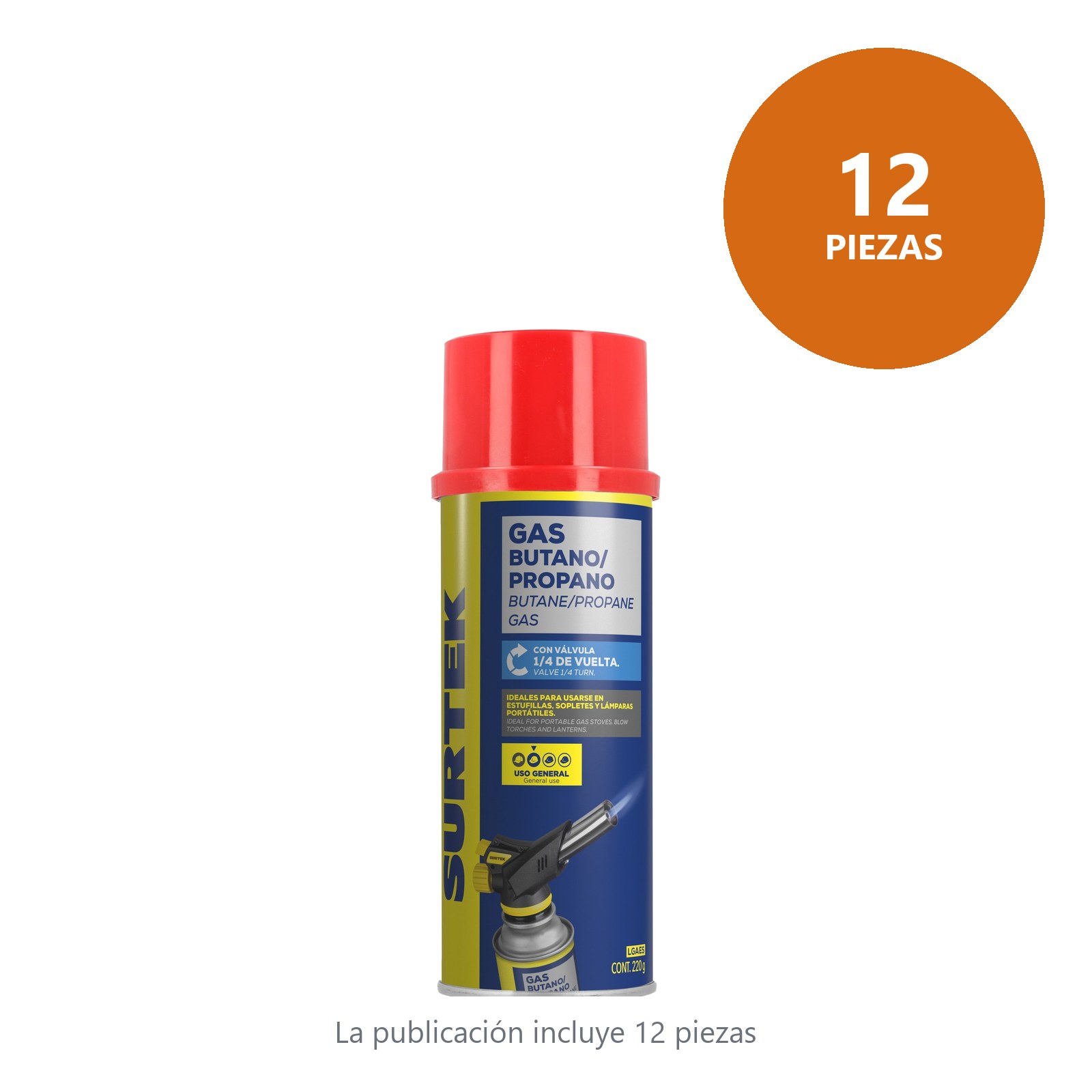 Lata de gas butano/propano con válvula 1/4 de vuelta 220 g Surtek - Imagen 3