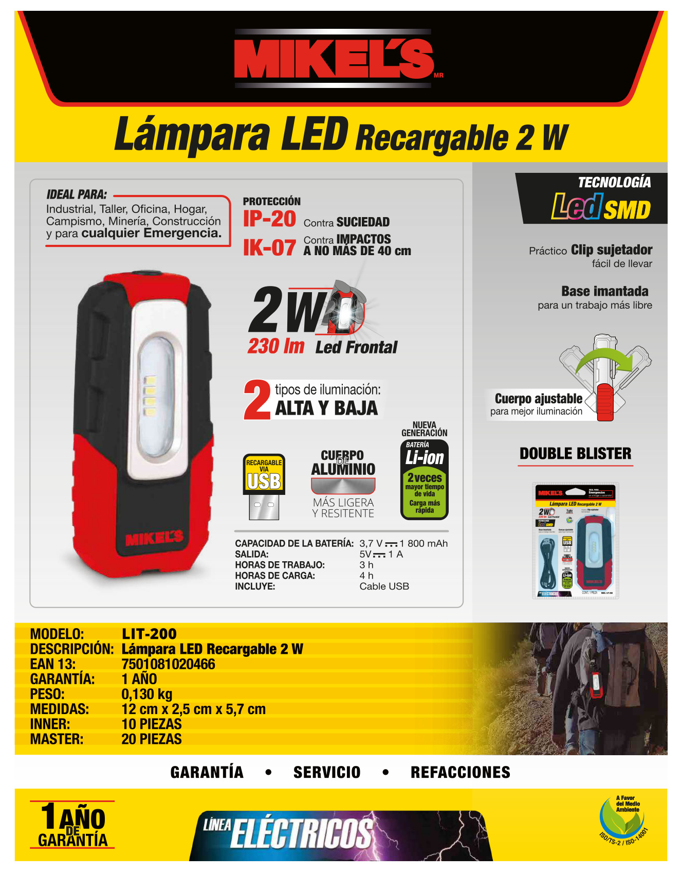 MIKELS LIT-200 Lámpara LED 2W recargable - Imagen 4