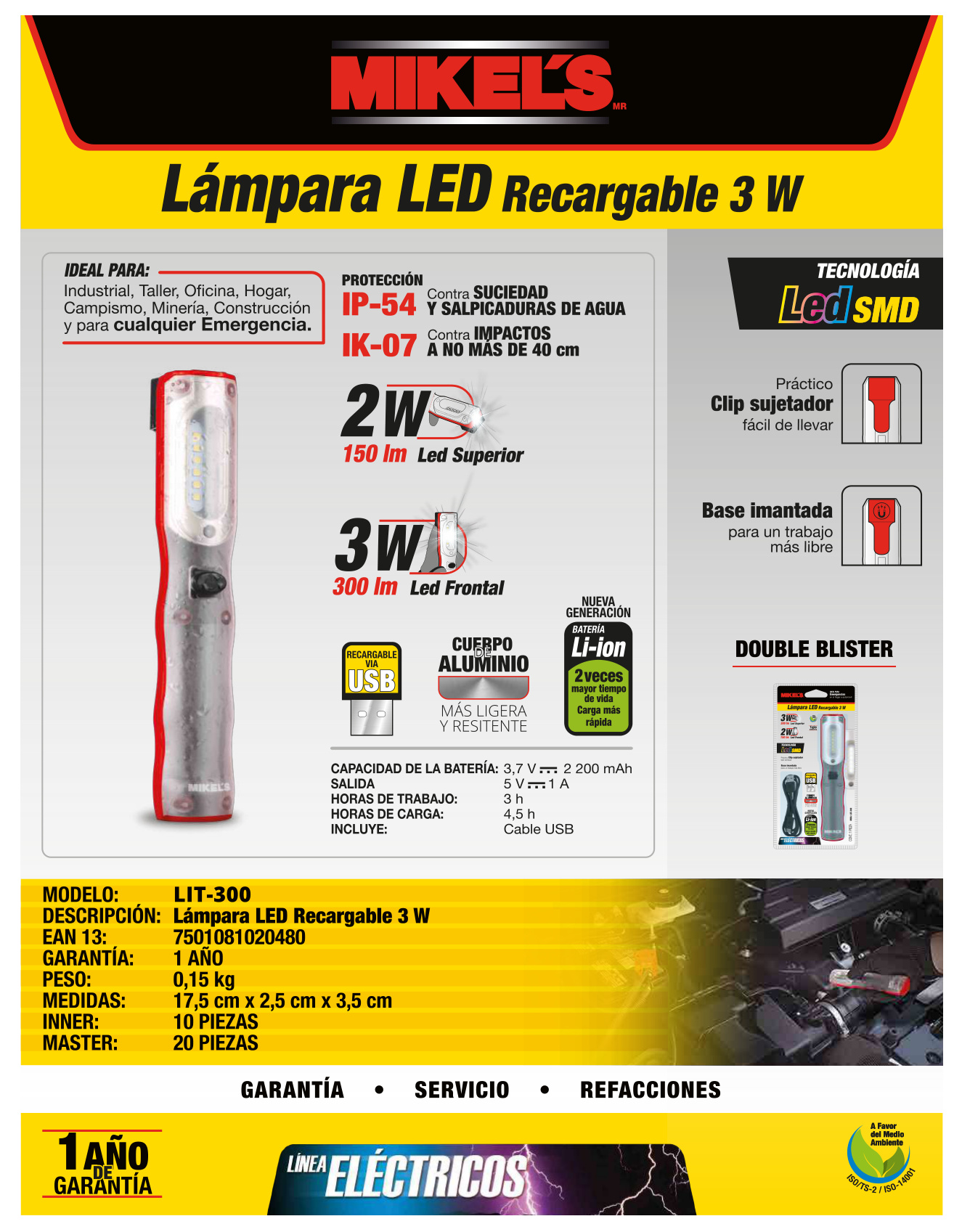 MIKELS LIT-300 Lámpara LED 3W recargable - Imagen 4