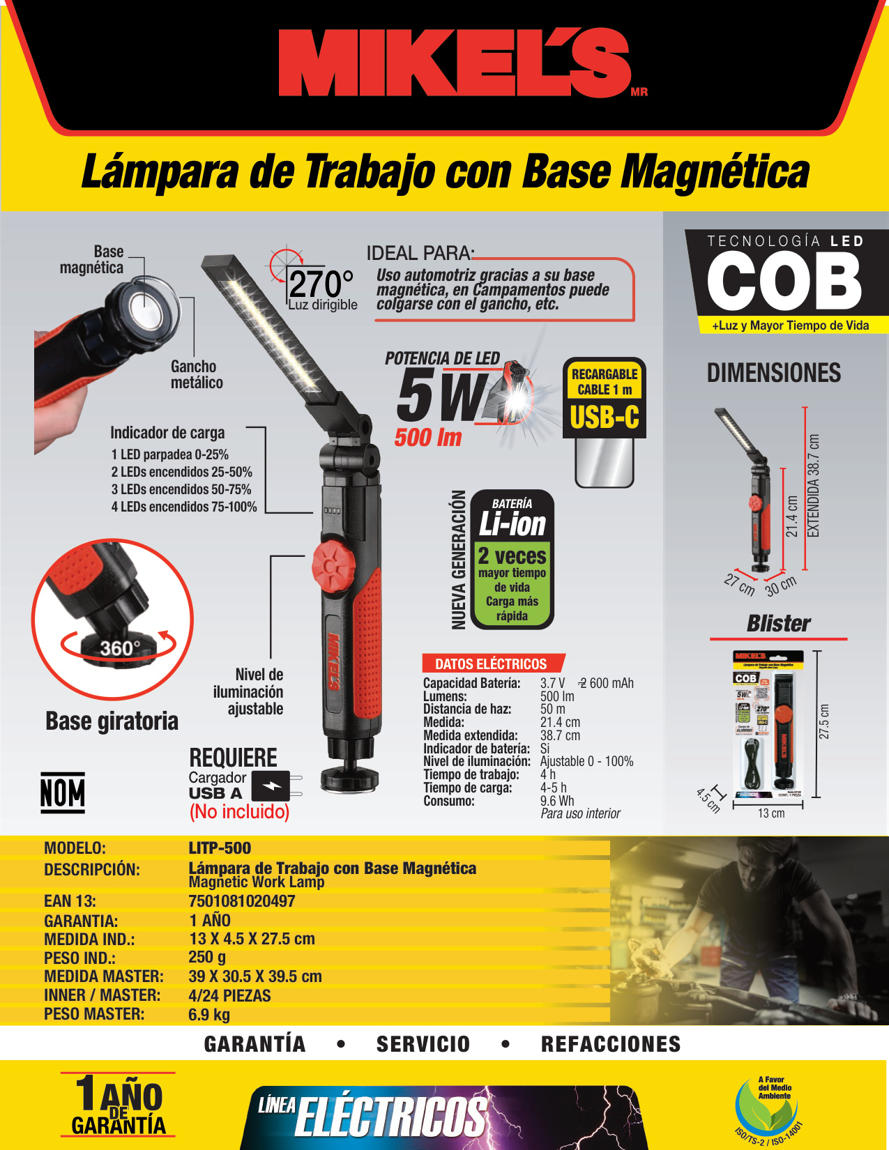 MIKELS LITP-500 Lámpara LED 5W recargable multifunción - Imagen 2