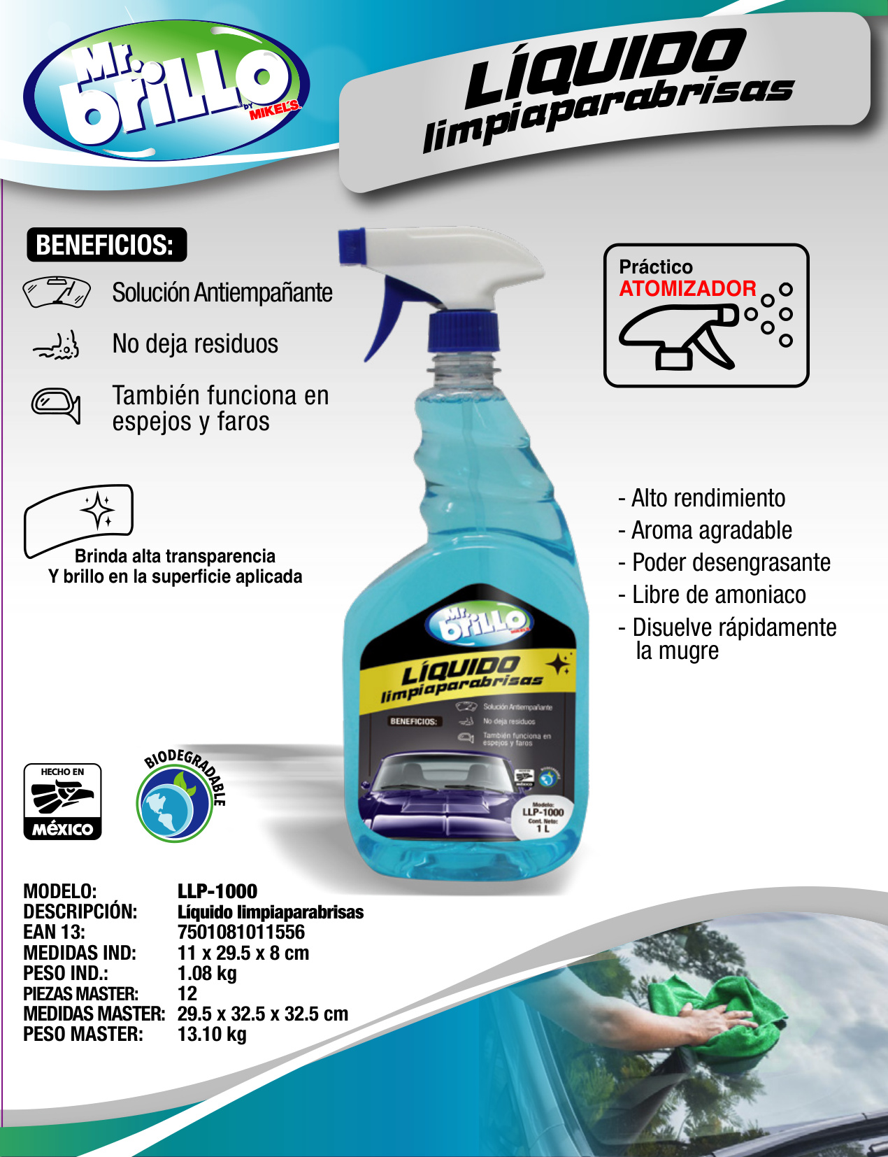 MR. BRILLO LLP-1000 Líquido limpiaparabrisas vidrios y cristales - Imagen 4