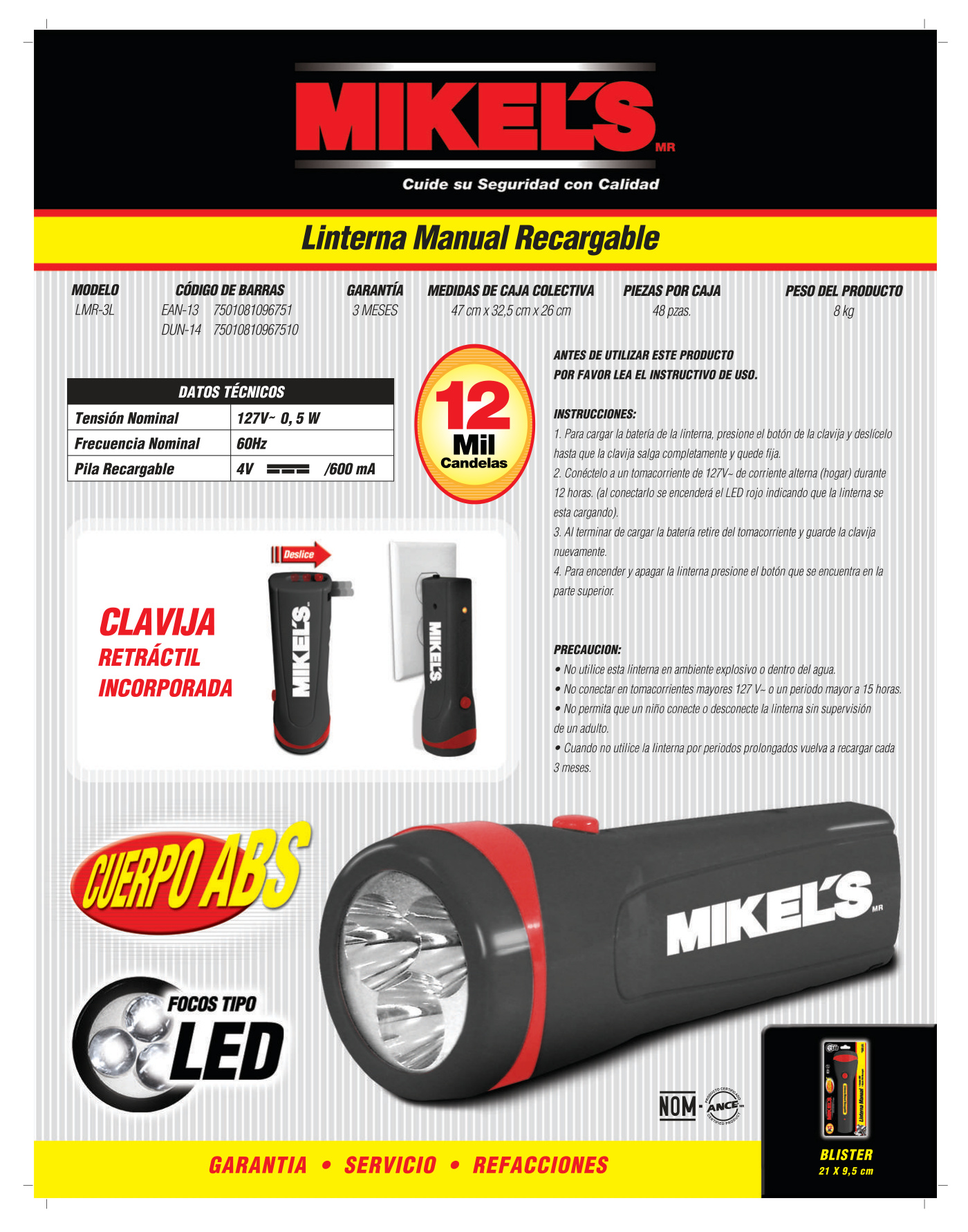 MIKELS LMR-3L Lámpara 3 LEDS recargable - Imagen 4