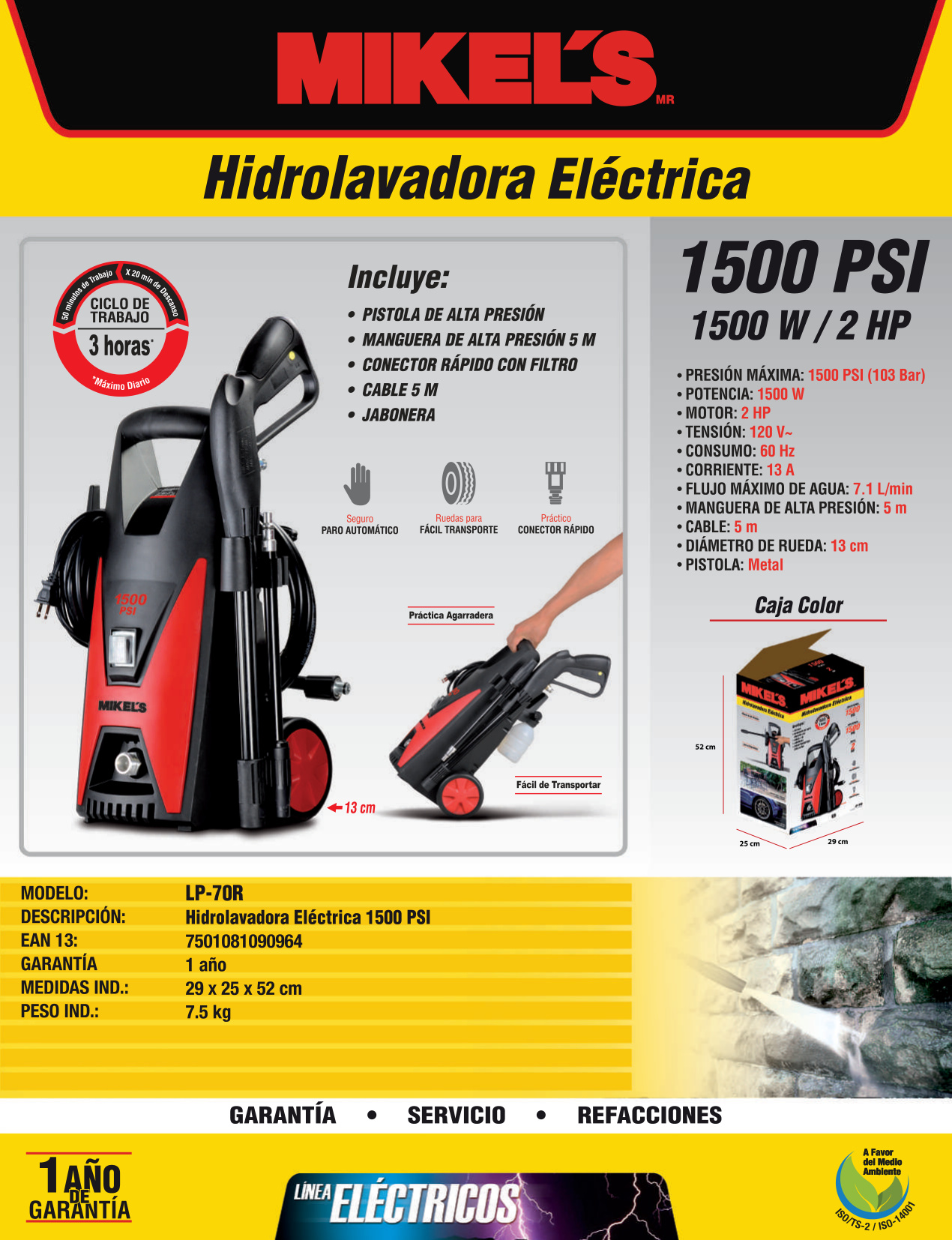 MIKELS LP-70R Hidrolavadora de alta presión eléctrica motor de carbones (1,500 PSI) - Imagen 4