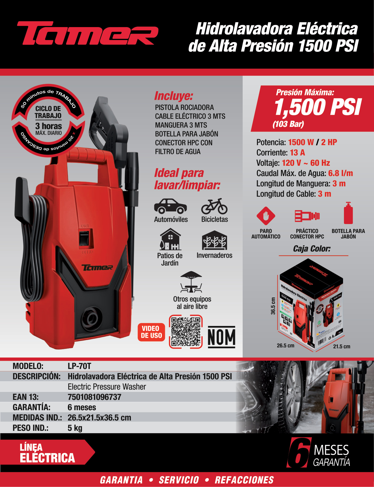 TAMER LP-70T Hidrolavadora de alta presión eléctrica motor de carbones (1,500 PSI) - Imagen 4