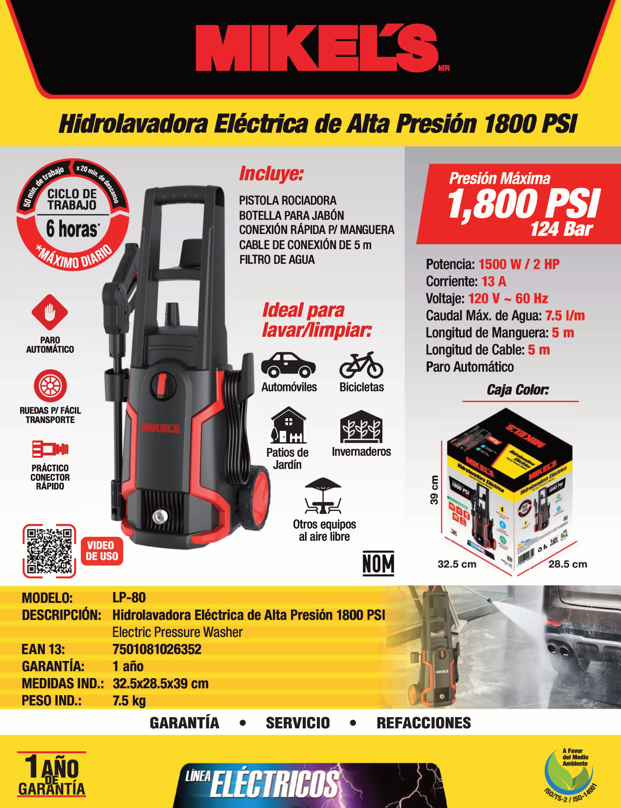 MIKELS LP-80 Hidrolavadora de alta presión eléctrica motor de carbones (1,800 PSI) - Imagen 4