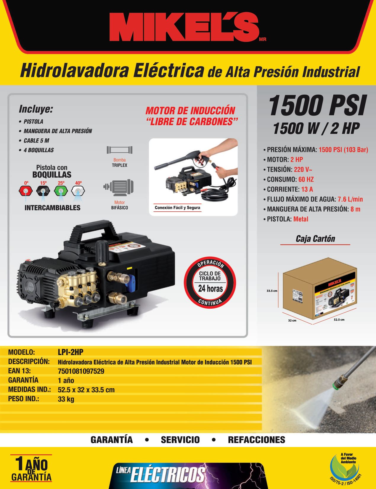 MIKELS LPI-2HP Hidrolavadora de alta presión eléctrica industrial (1,500 PSI / 2 HP) - Imagen 4