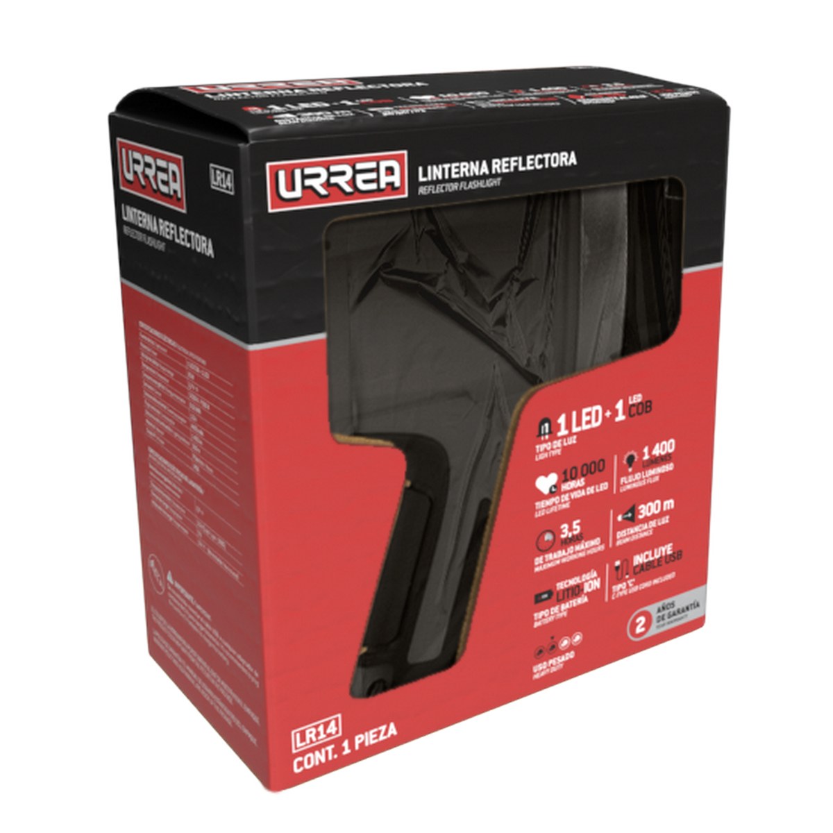 Linterna de LED reflectora a prueba de agua recargable de 1,400 lm Urrea - Imagen 2