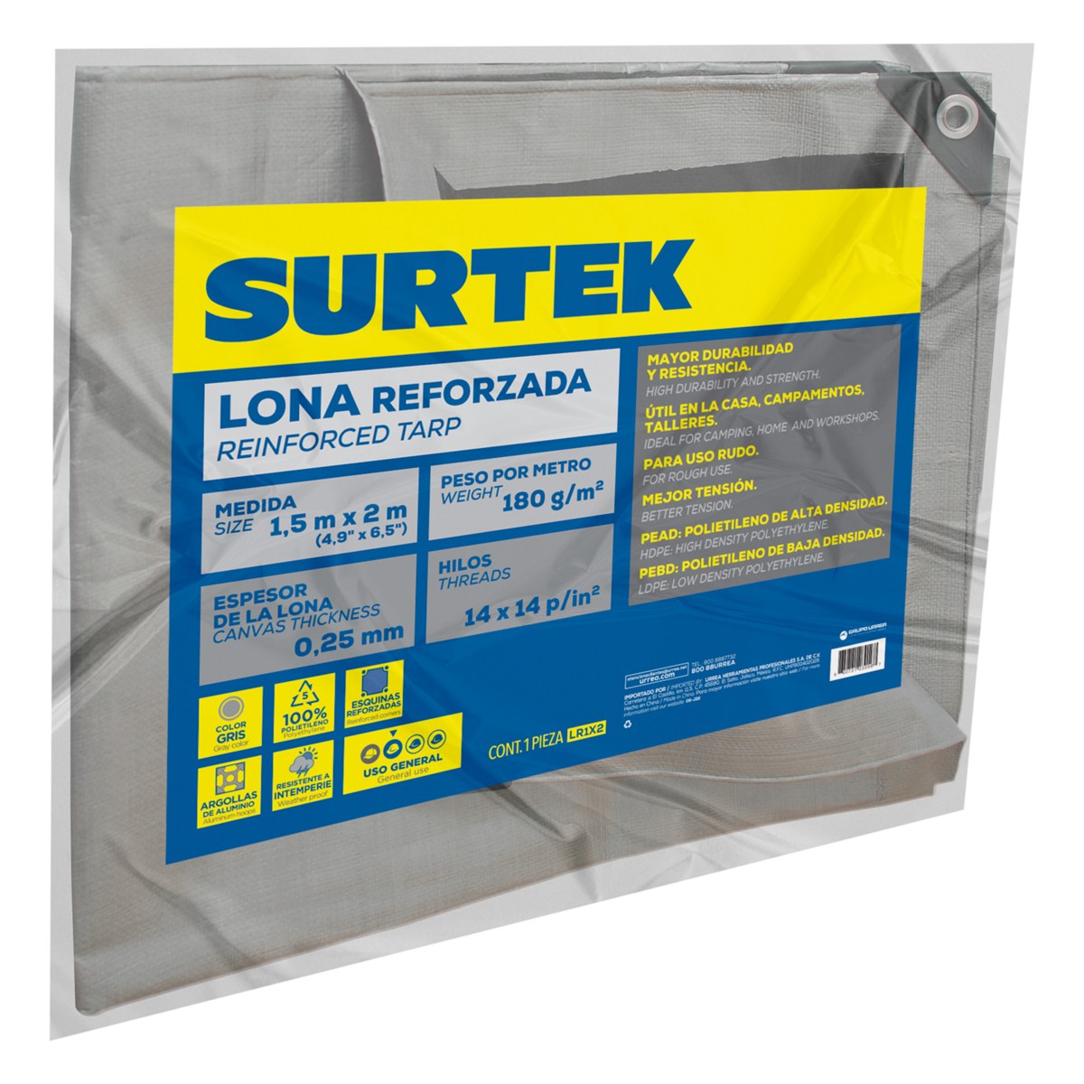 Lona de polietileno reforzada color gris, 1.5 x 2 m Surtek - Imagen 2
