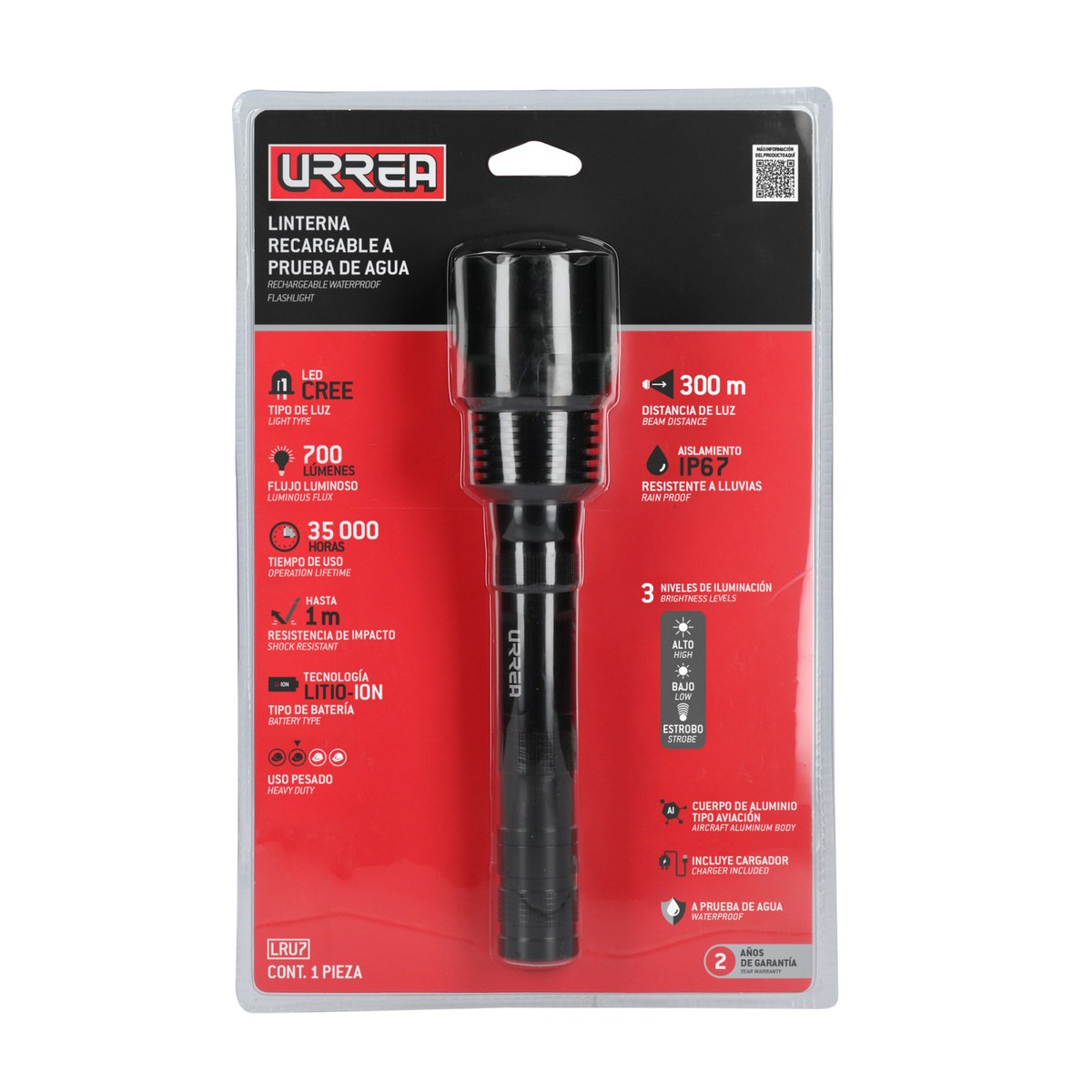 Linterna de LED a prueba de agua recargable de 700 lm Urrea - Imagen 4