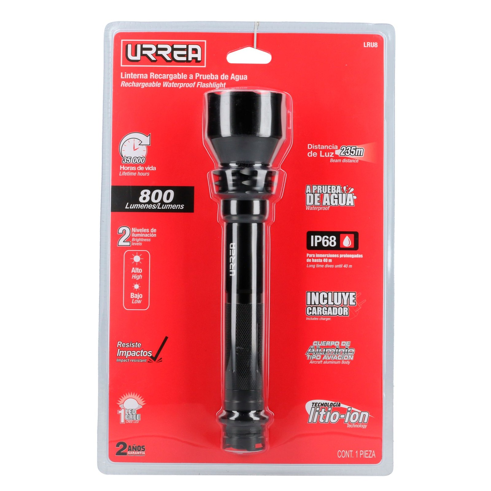 Linterna de LED a prueba de agua recargable de 800 lm Urrea - Imagen 4