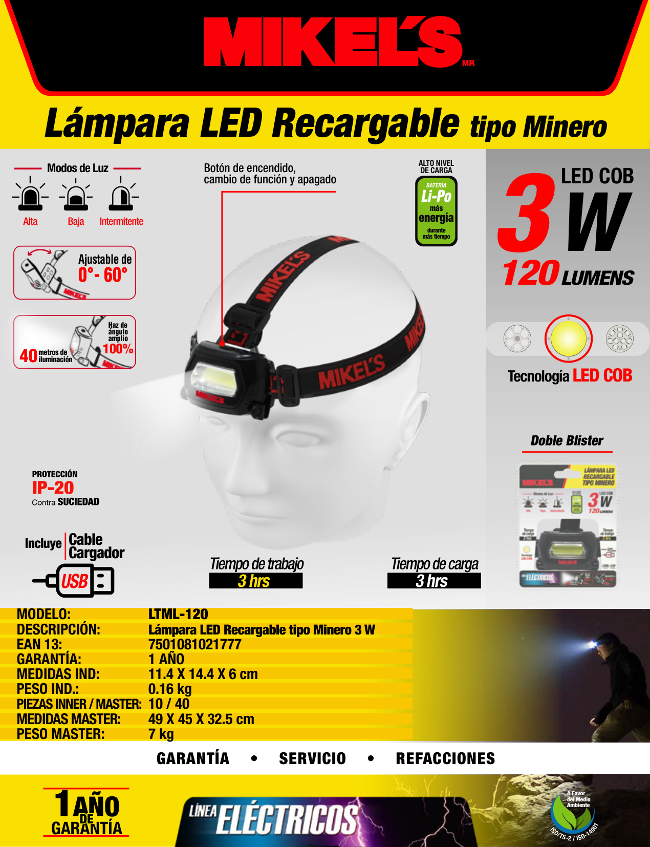 MIKELS LTML-120 Lámpara LED Tipo Minero Recargable 3 W - Imagen 4