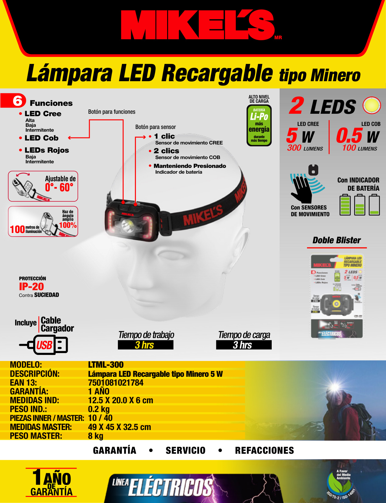 MIKELS LTML-300 Lámpara LED Tipo Minero Recargable 5 W - Imagen 4