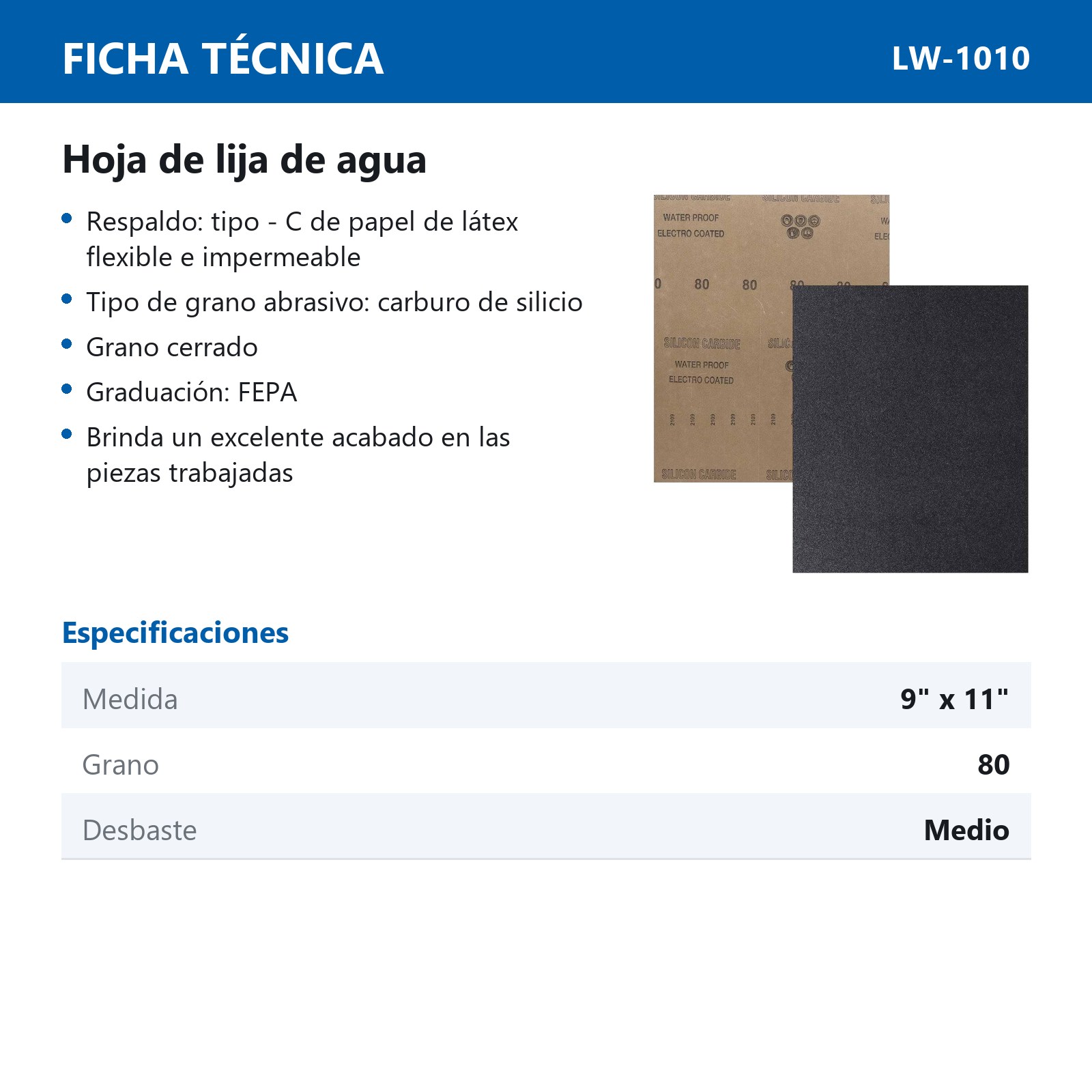 HOJA DE LIJA DE AGUA CARBURO SILICIO 9" x 11" G80 (Precio x pieza - Empaque c/50 pzas) - Imagen 4