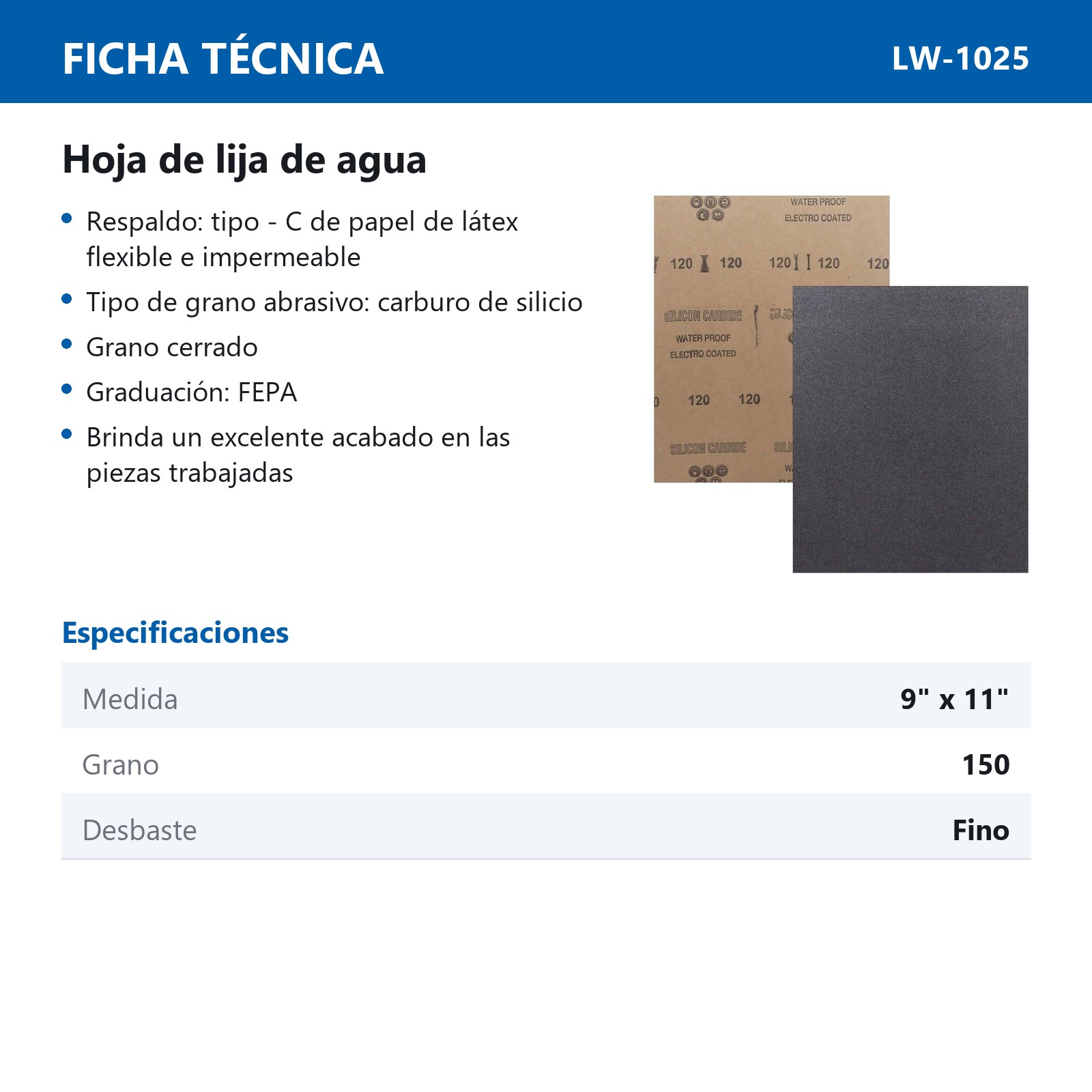 HOJA DE LIJA DE AGUA CARBURO SILICIO 9" x 11" G150 (Precio x pieza - Empaque c/100 pzas) - Imagen 4