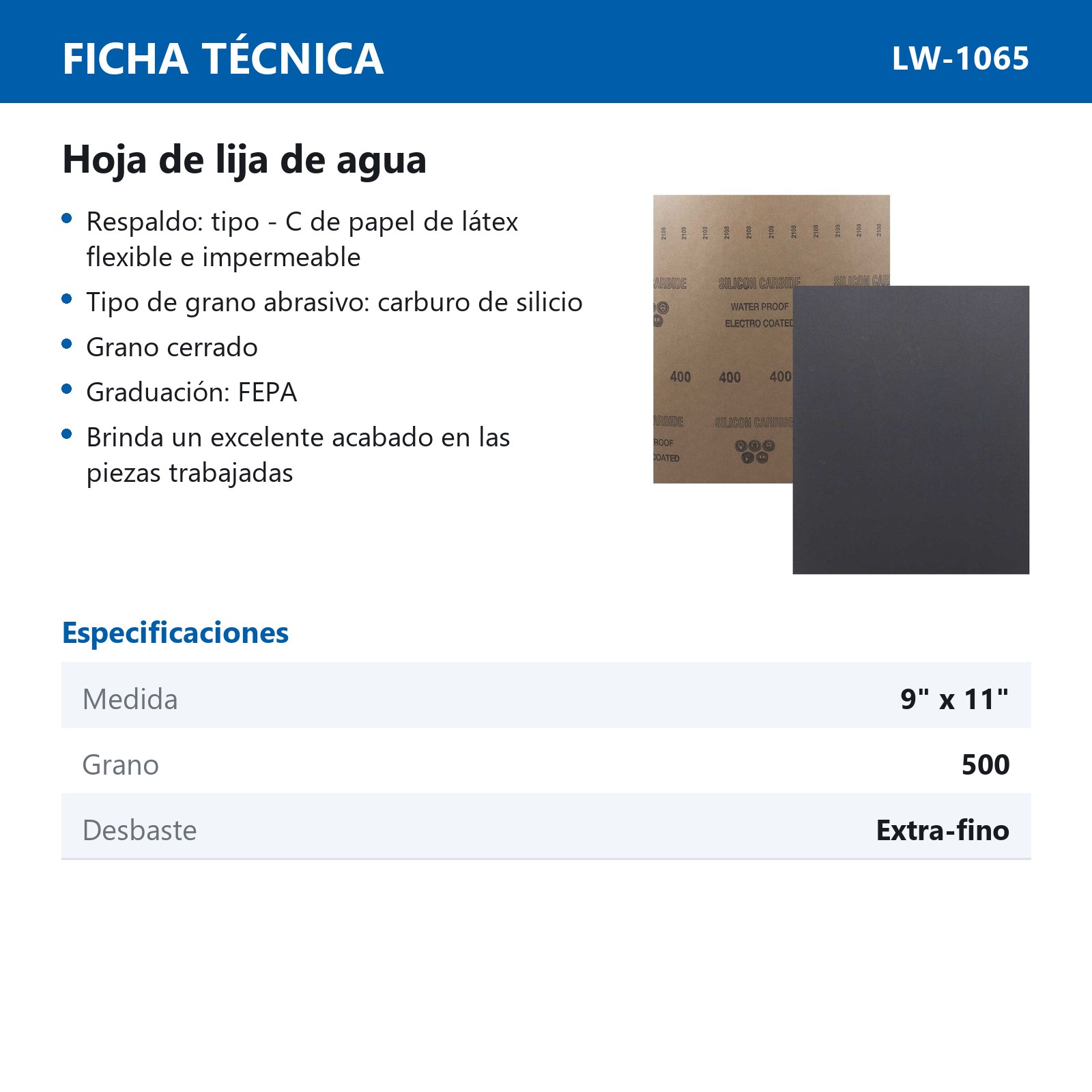 HOJA DE LIJA DE AGUA CARBURO SILICIO 9" x 11" G500 (Precio x pieza - Empaque c/100 pzas) - Imagen 4