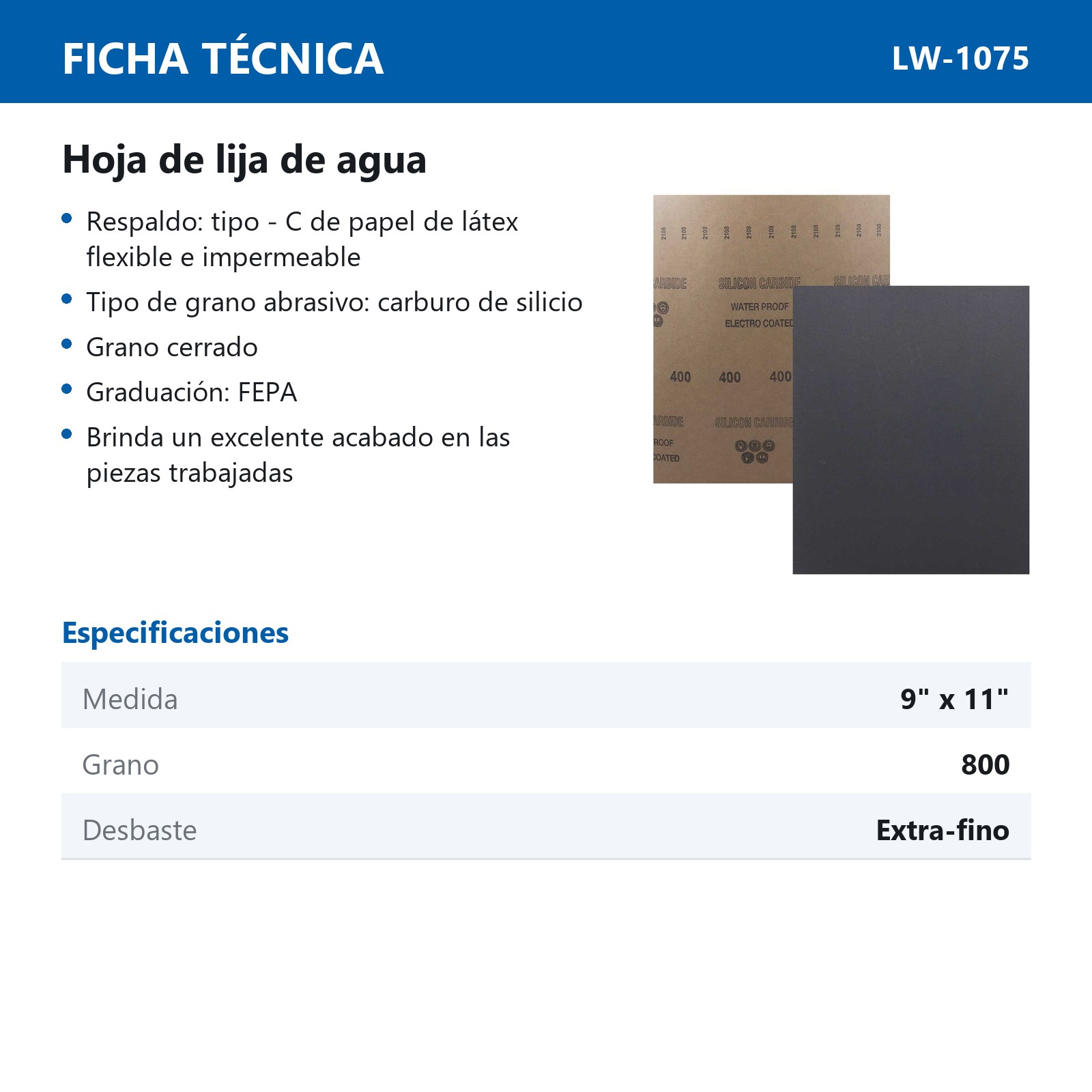HOJA DE LIJA DE AGUA CARBURO SILICIO 9" x 11" G800 (Precio x pieza - Empaque c/100 pzas) - Imagen 4