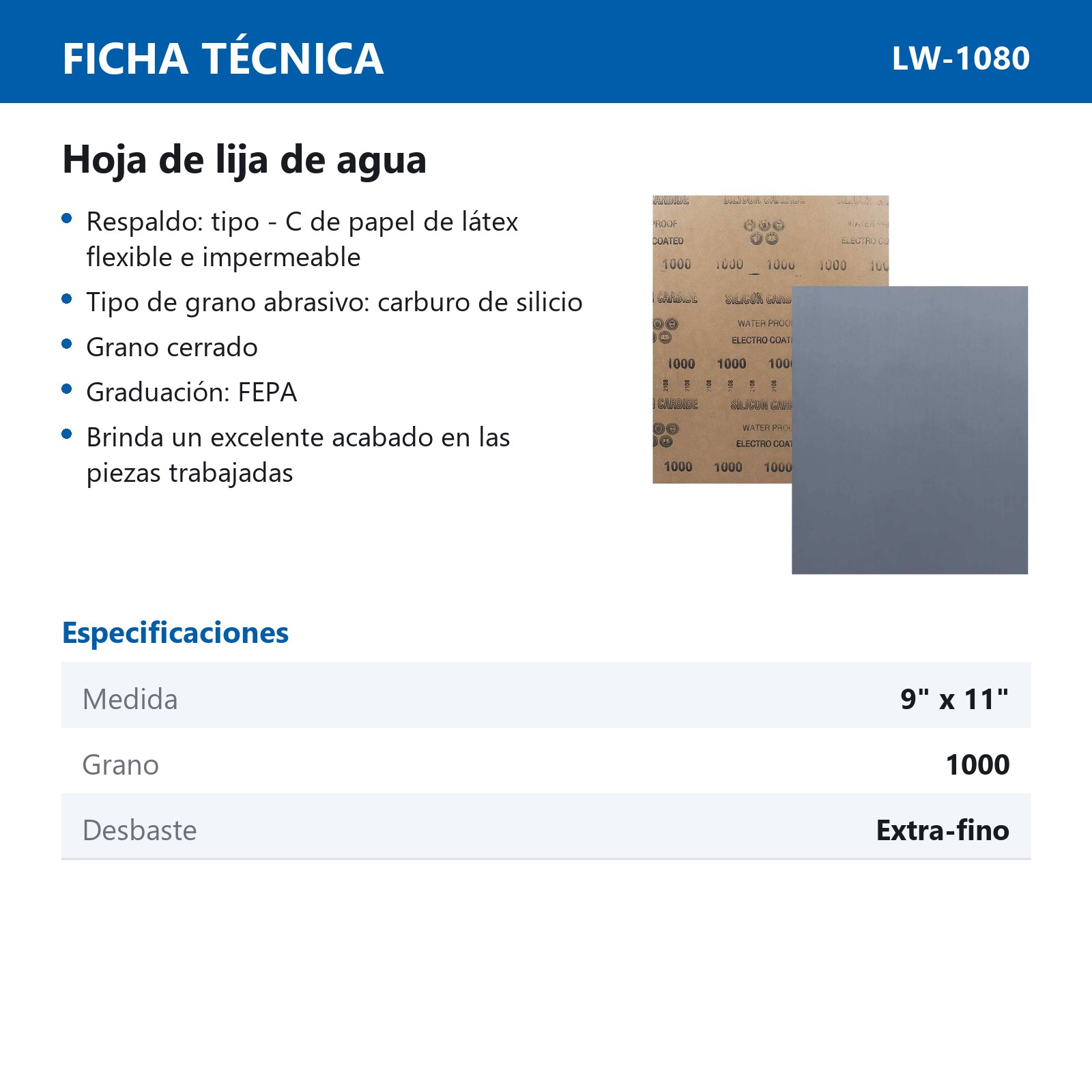 HOJA DE LIJA DE AGUA CARBURO SILICIO 9" x 11" G1000 (Precio x pieza - Empaque c/100 pzas) - Imagen 4