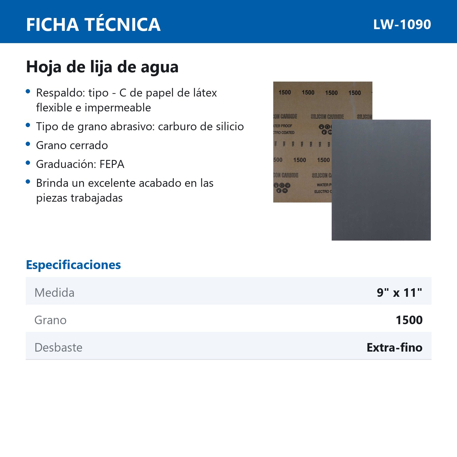 HOJA DE LIJA DE AGUA CARBURO SILICIO 9" x 11" G1500 (Precio x pieza - Empaque c/100 pzas) - Imagen 4
