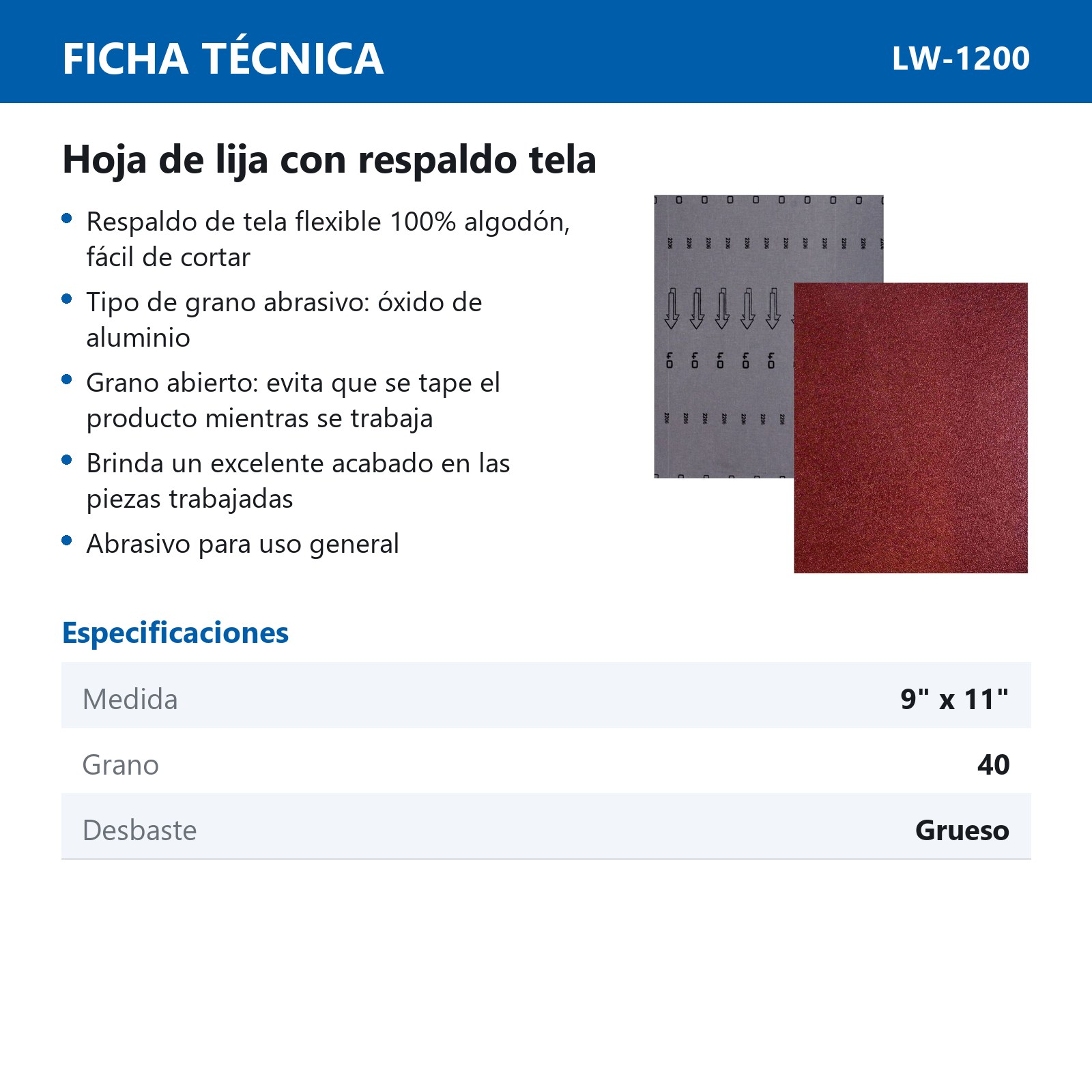 HOJA DE LIJA RESPALDO DE TELA OXIDO DE ALUMINIO 9" X 11" G040(Precio x pieza - Empaque c/25 pzas) - Imagen 4