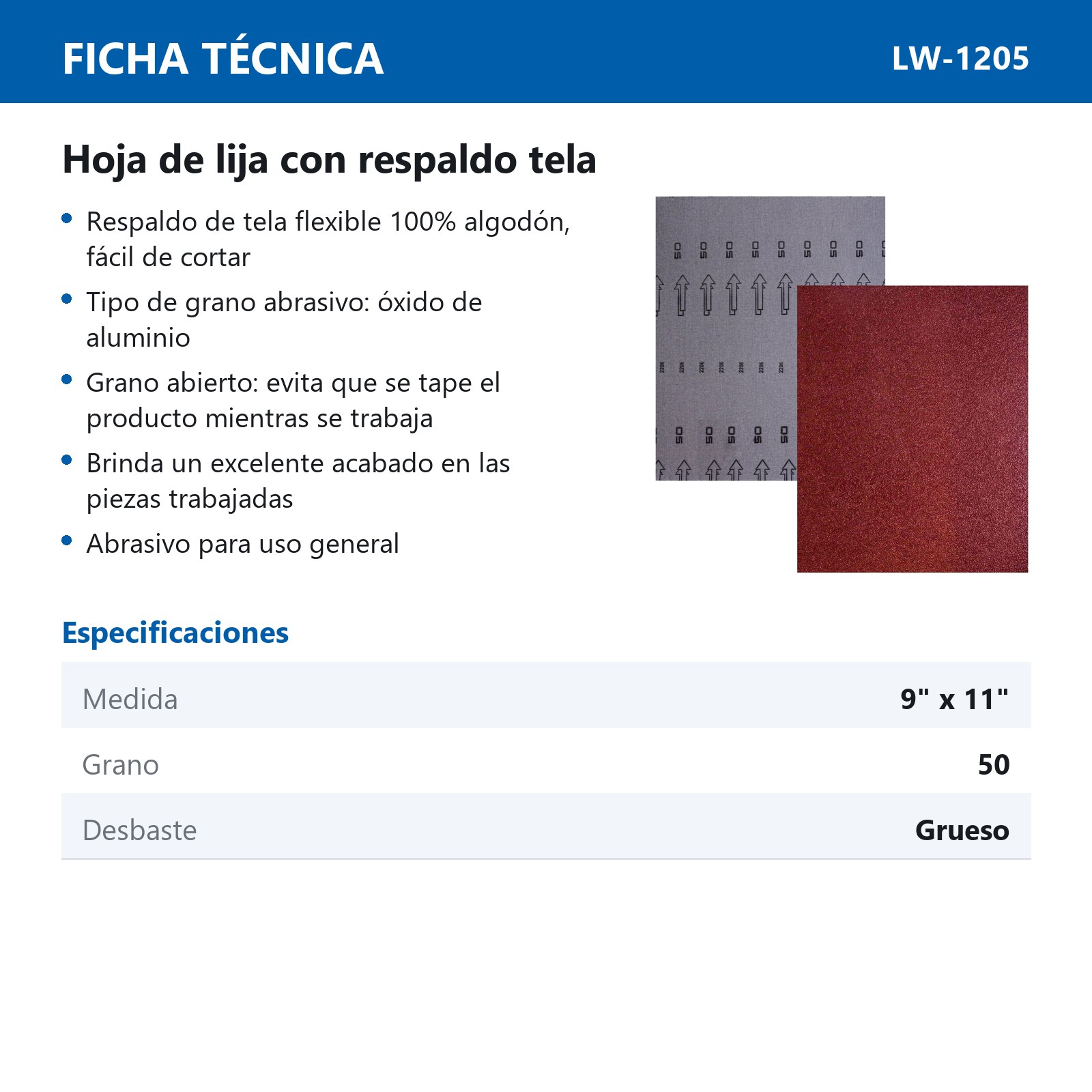 HOJA DE LIJA RESPALDO DE TELA OXIDO DE ALUMINIO 9" X 11" G050(Precio x pieza - Empaque c/25 pzas) - Imagen 4