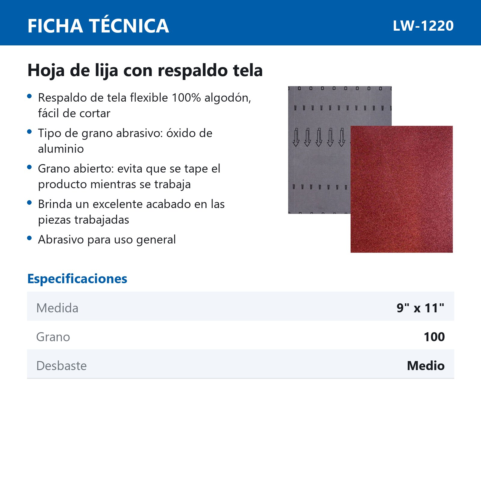 HOJA DE LIJA RESPALDO DE TELA OXIDO DE ALUMINIO 9" X 11" G100(Precio x pieza - Empaque c/50 pzas) - Imagen 4