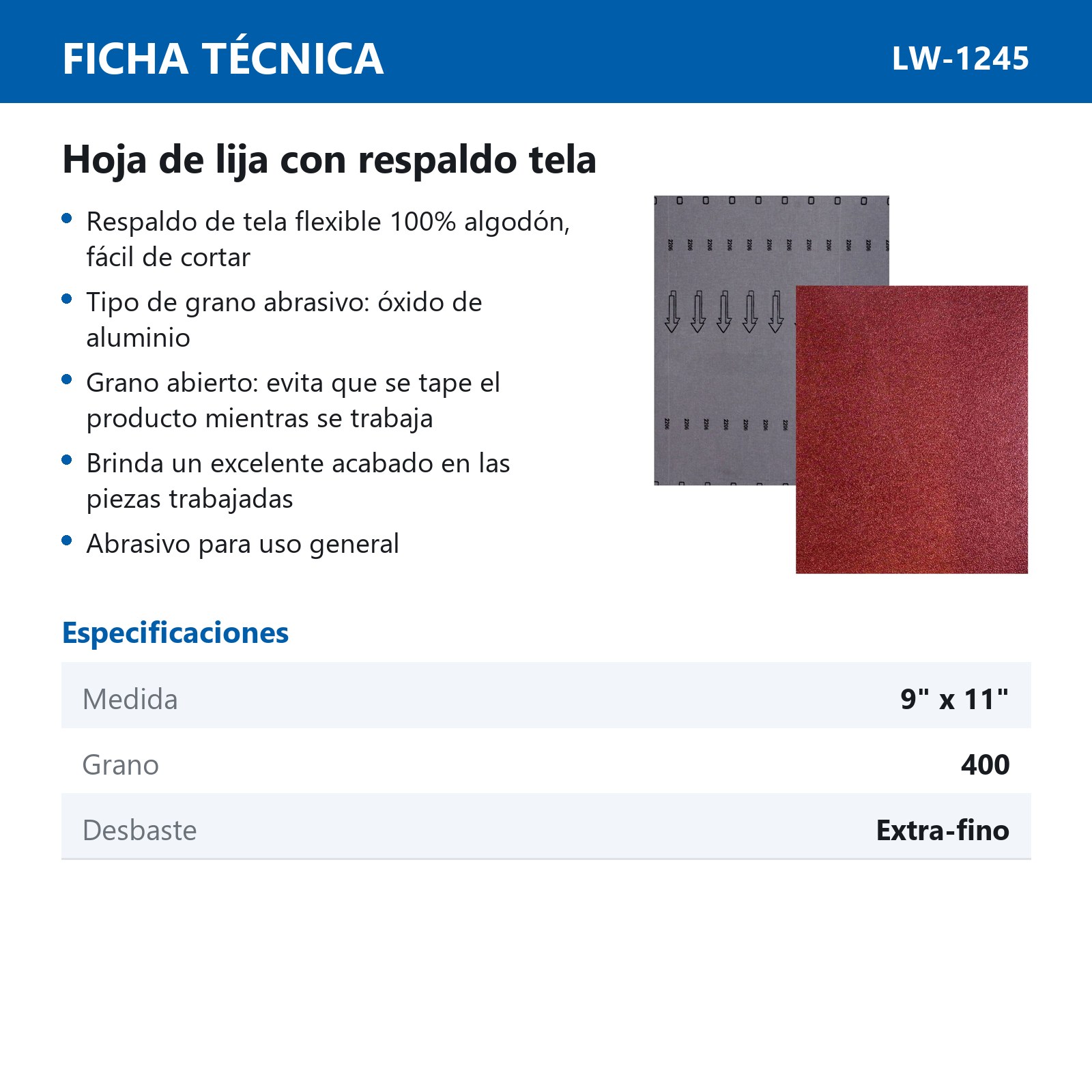 HOJA DE LIJA RESPALDO DE TELA OXIDO DE ALUMINIO 9" X 11" G400(Precio x pieza - Empaque c/50 pzas) - Imagen 4