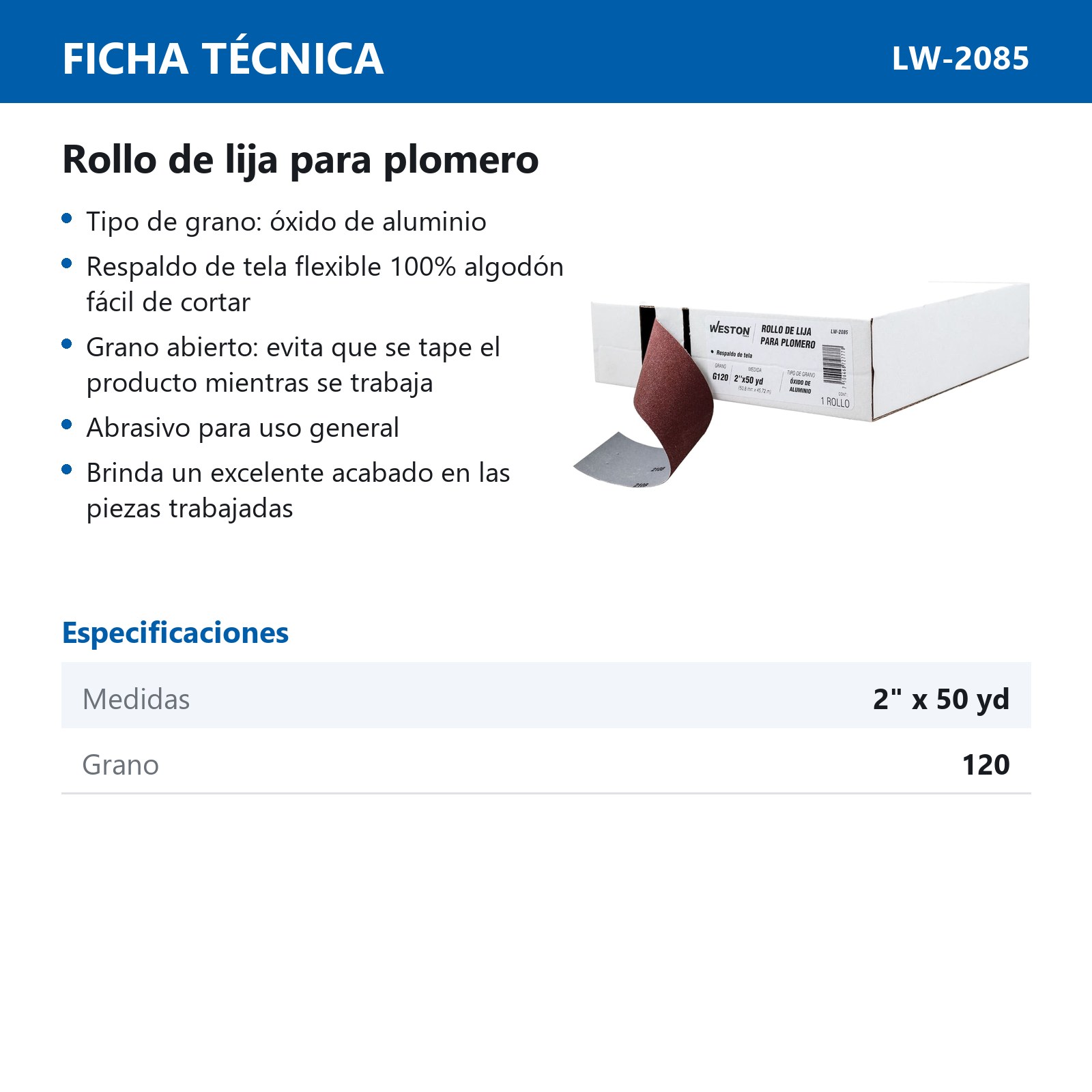ROLLO DE LIJA P/PLOMERIA AO 2" X 50YD G120 - Imagen 4