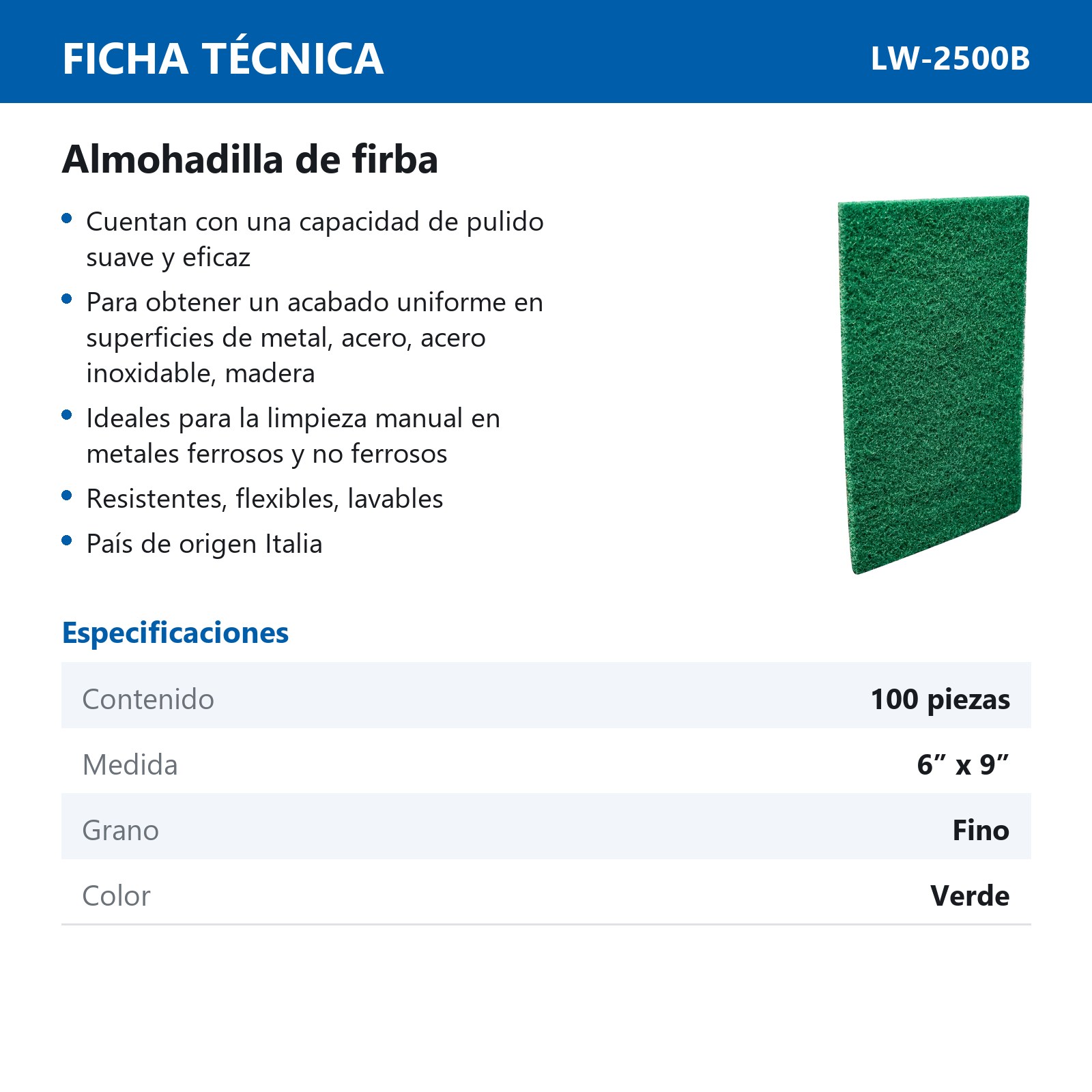 ALMOHADILLA DE FIBRA IND VERDE CLARO (FINO) 6"x9" (CAJA BULK 100 pzas sin bolsa - Precio x Caja) - Imagen 4