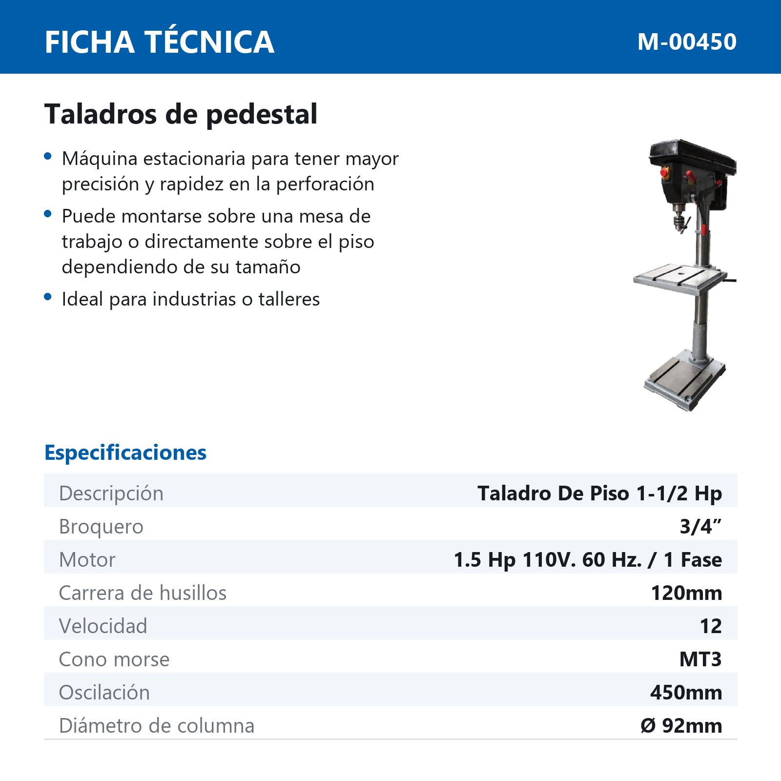 TALADRO DE PISO 1-1/2" HP (12 VEL) (MT3) 110V - Imagen 2