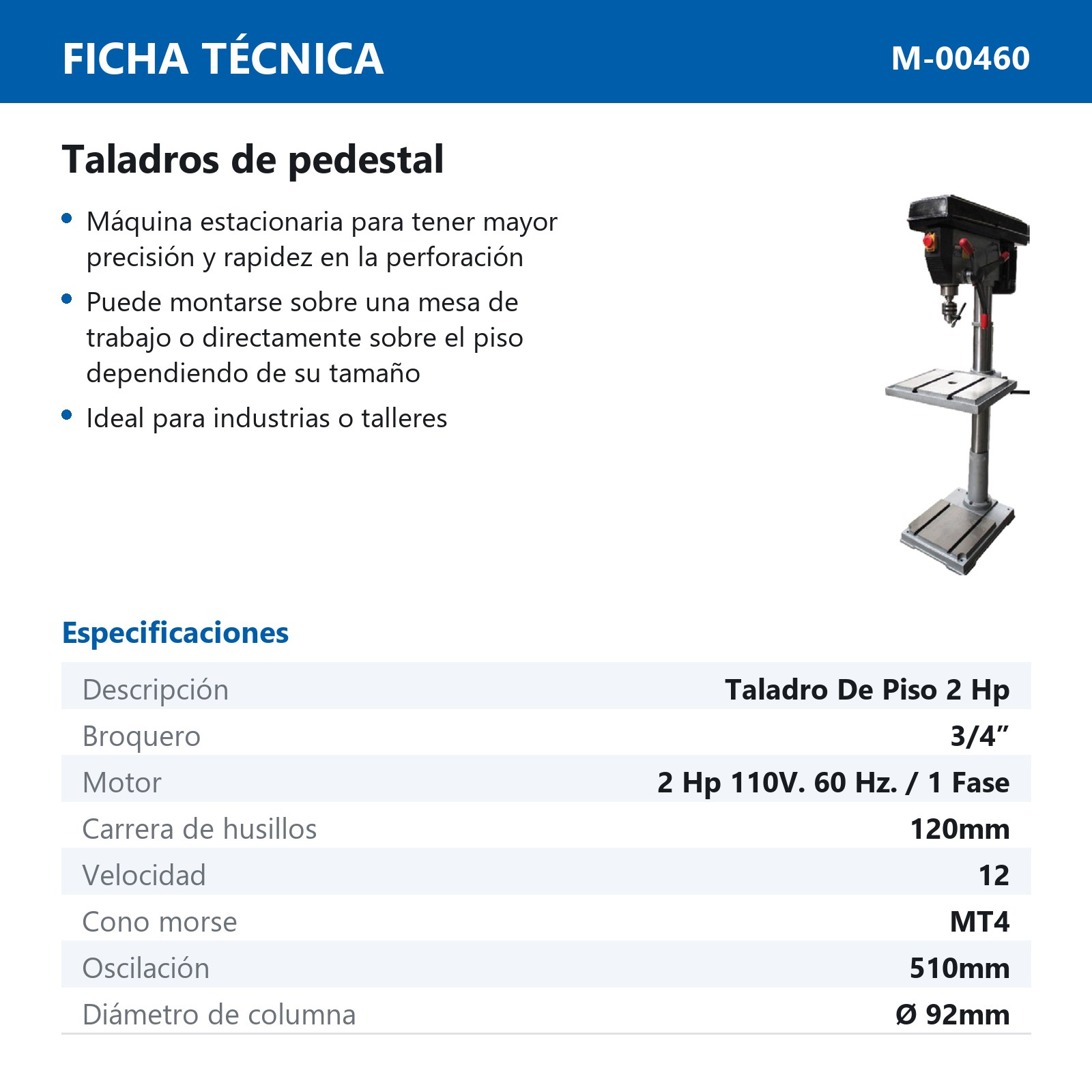 TALADRO DE PISO 2 HP (12VEL) (MT4) 110V - Imagen 2