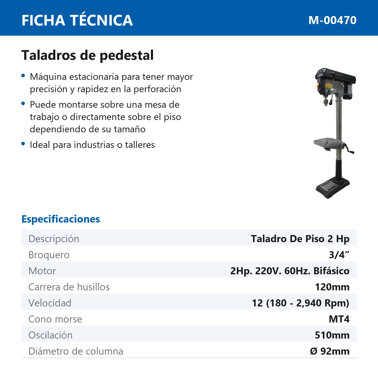 TALADRO DE PISO 2HP (12VEL) (MT4) 220V - Imagen 2