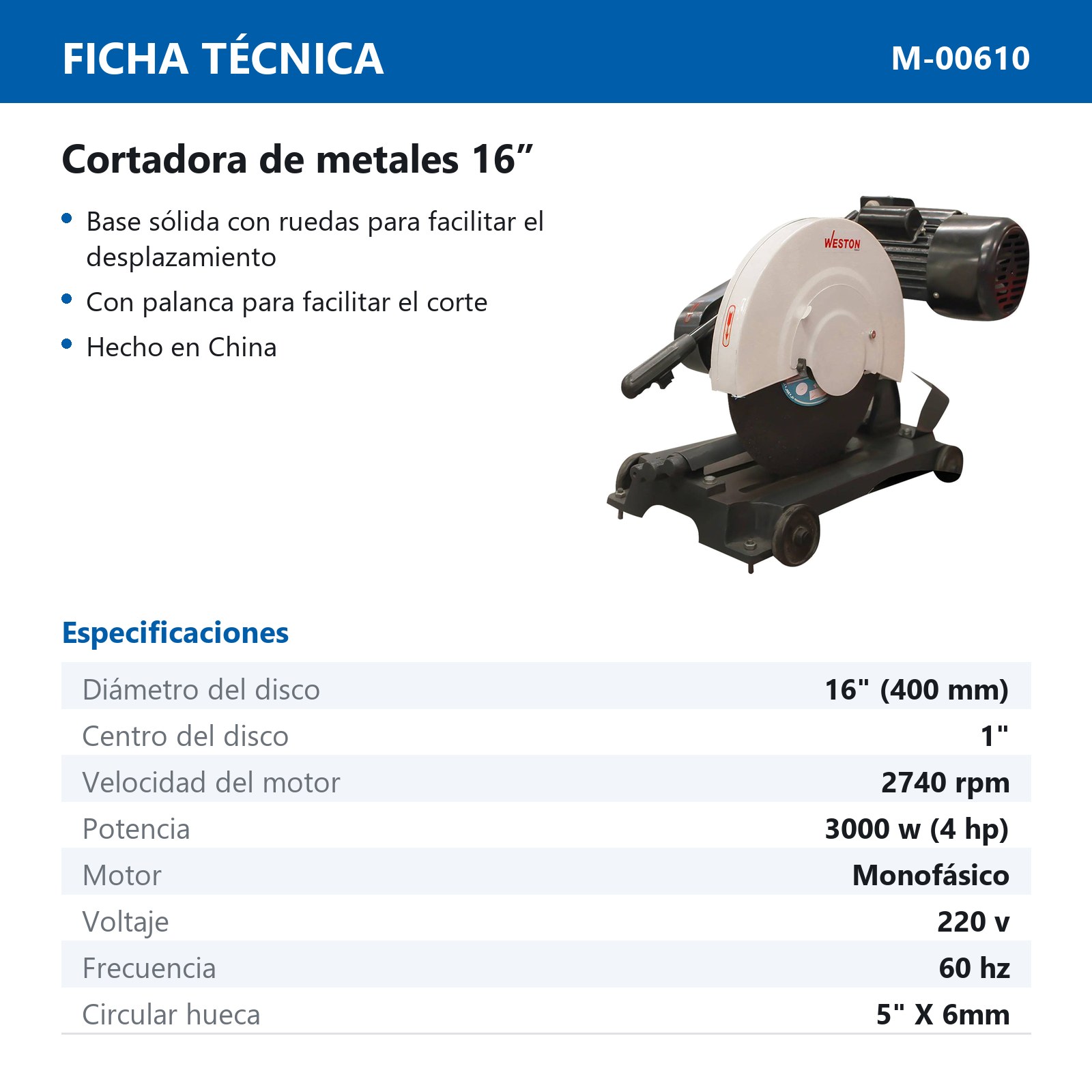 CORTADORA DE METALES 16" 220V/4HP 2740RPM MONOFÁSICO - Imagen 2