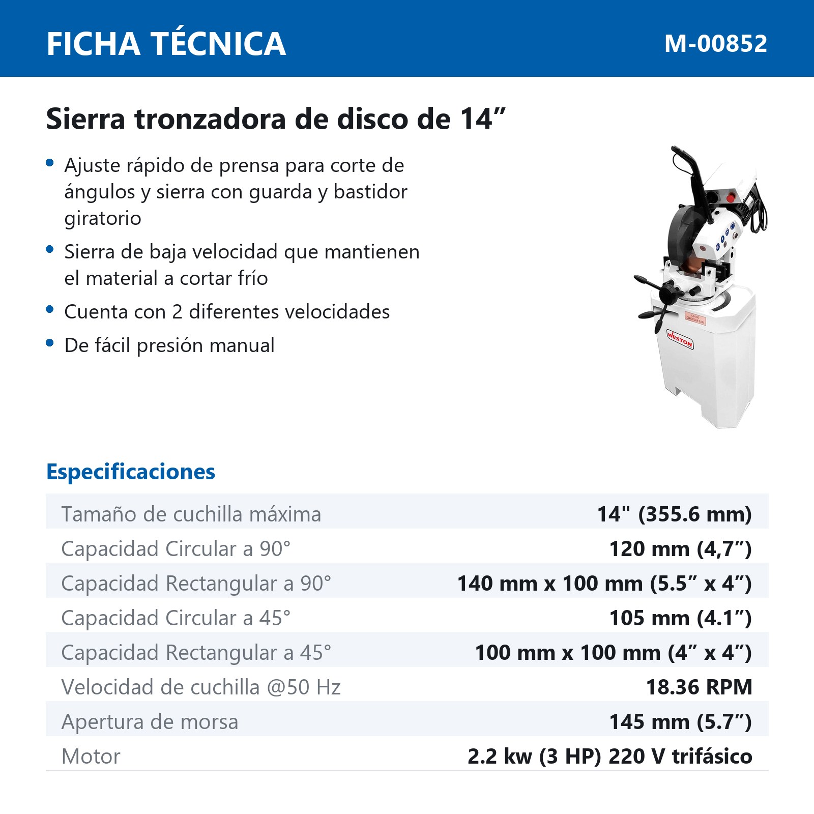 SIERRA TRONZADORA BAJA RPM DE DISCO 14" 220V 3PH - Imagen 3