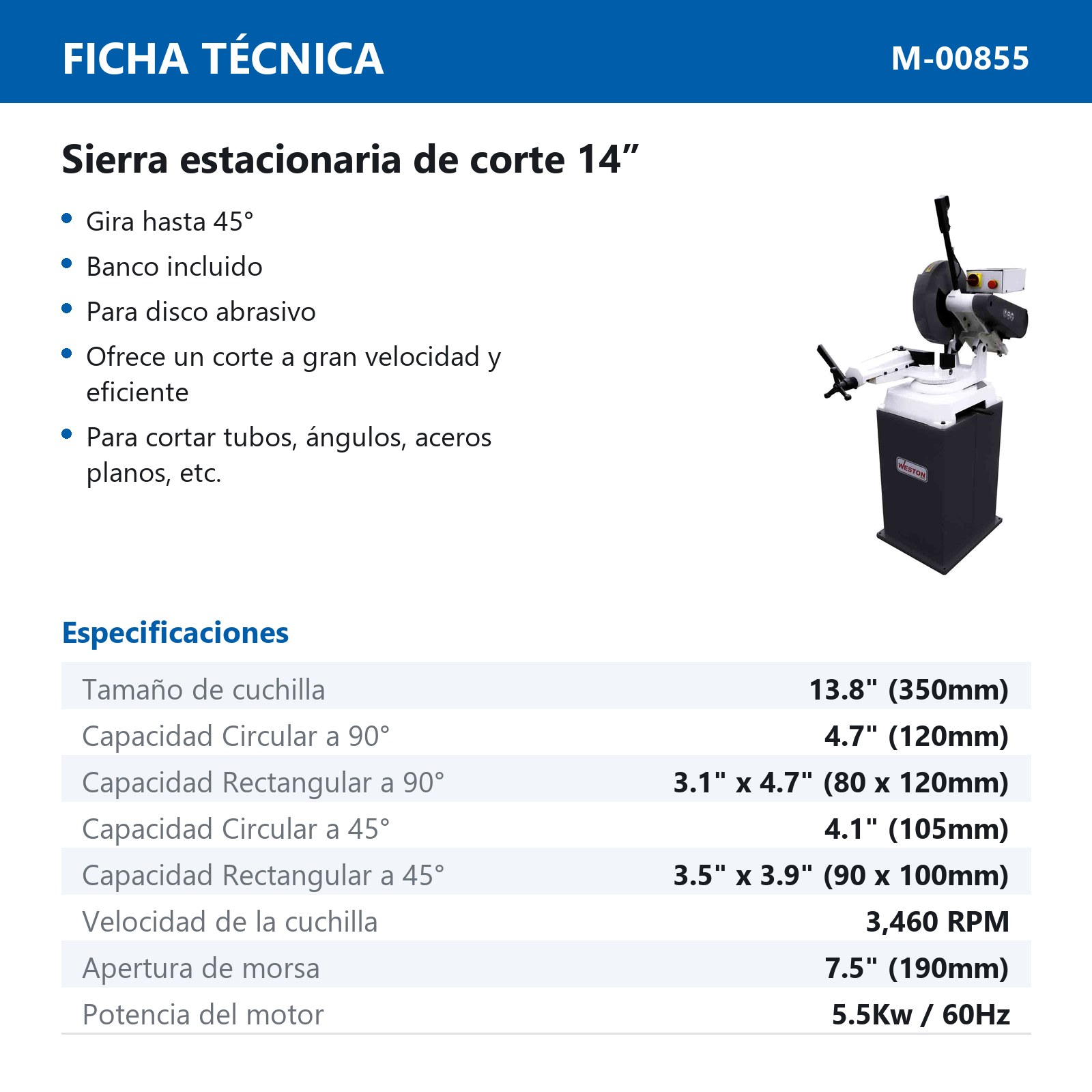 SIERRA ESTACIONARIA 14" 220V 3PH PARA DISCO DE PASTA - Imagen 2