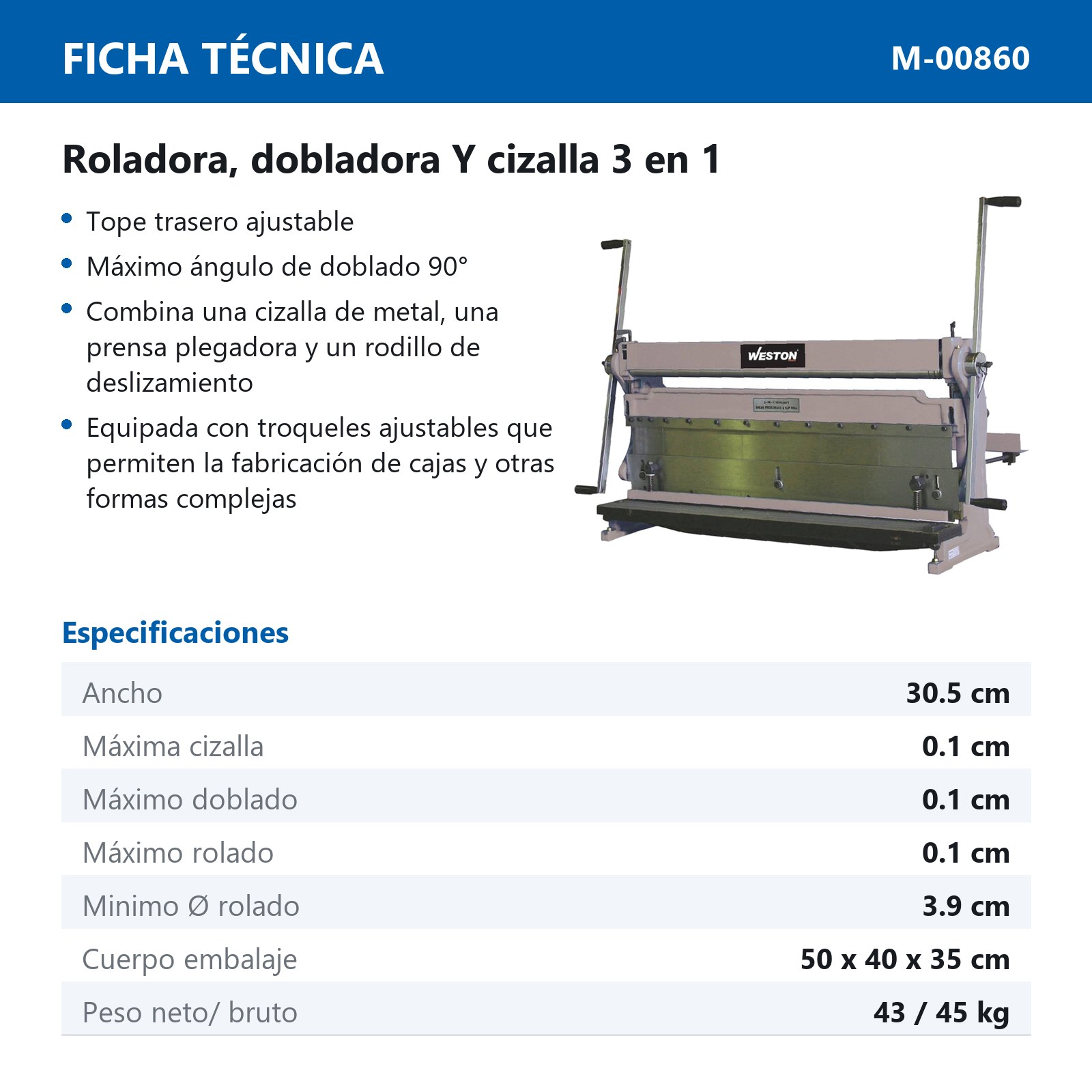 MAQUINA 3 EN 1 CORTA-DOBLA-ROLA 305MM - Imagen 2