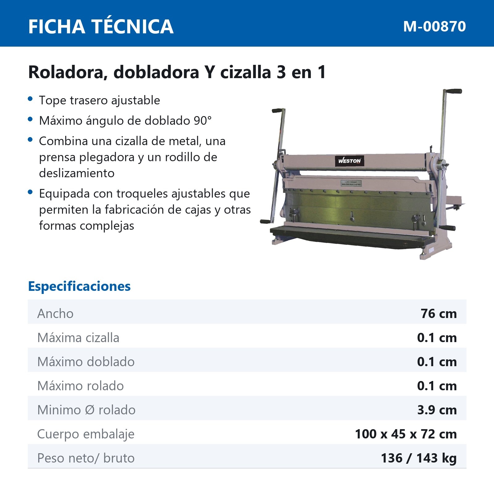 MAQUINA 3 EN 1 CORTA-DOBLA-ROLA 760MM - Imagen 2