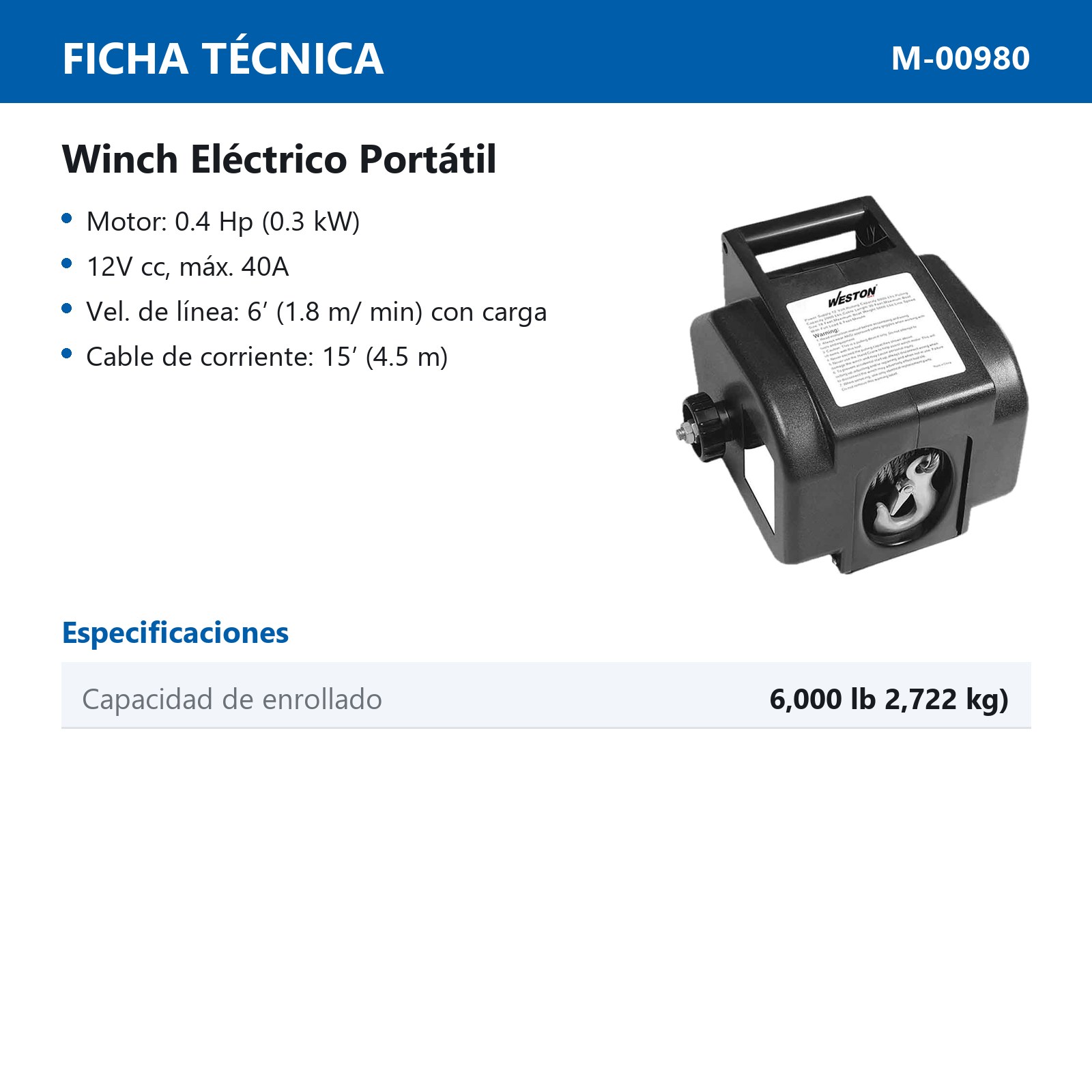 WINCH ELECTRICO DW3 12V-2000LBS - Imagen 2