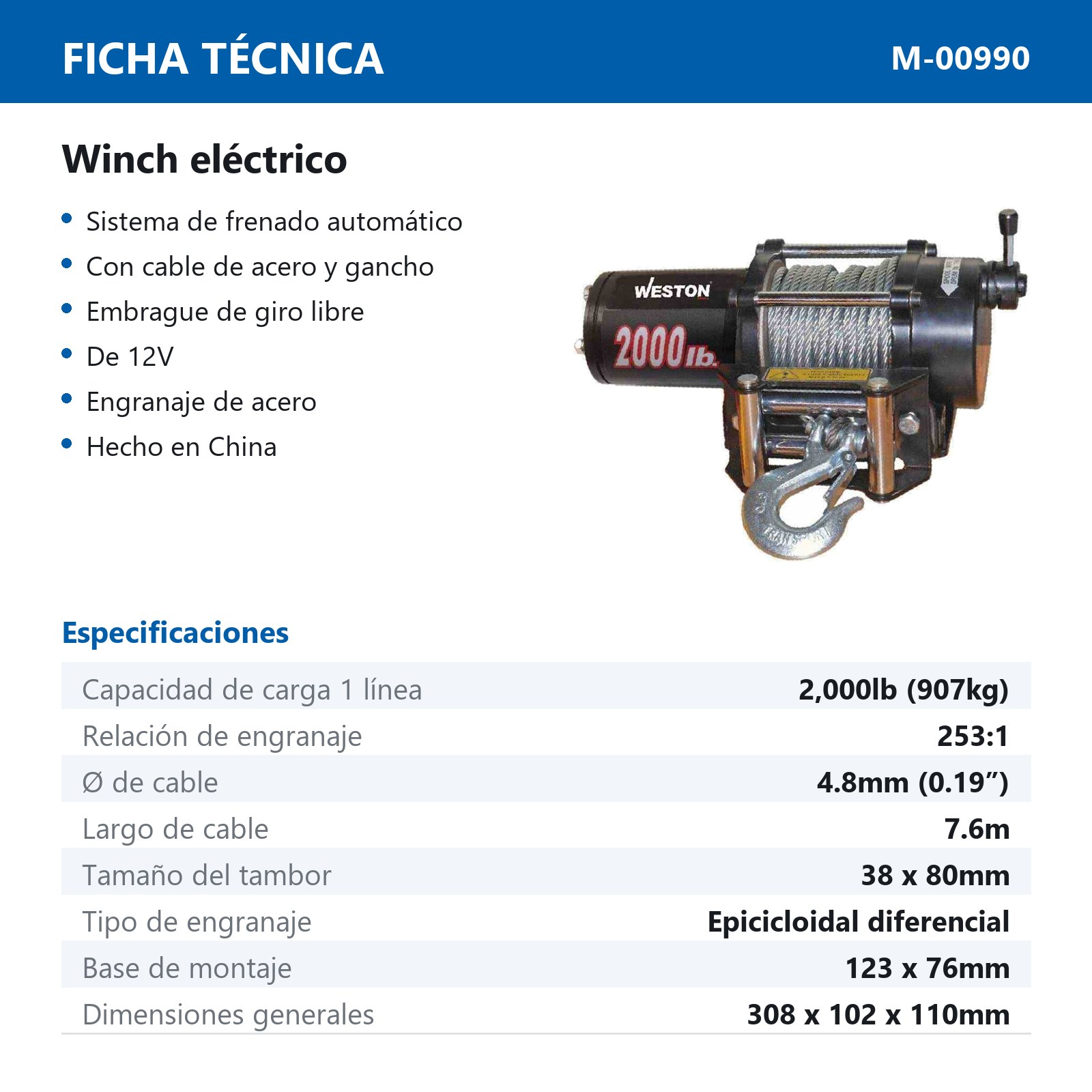 WINCH ELECTRICO DW2000 12V-2000LBS - Imagen 2