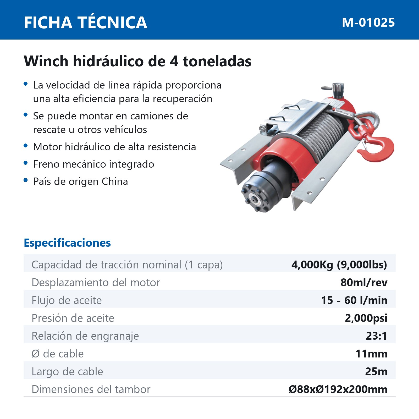 WINCH HIDRAULICO 4 TON (9000 LBS) C/25 M DE CABLE GALV. - Imagen 2