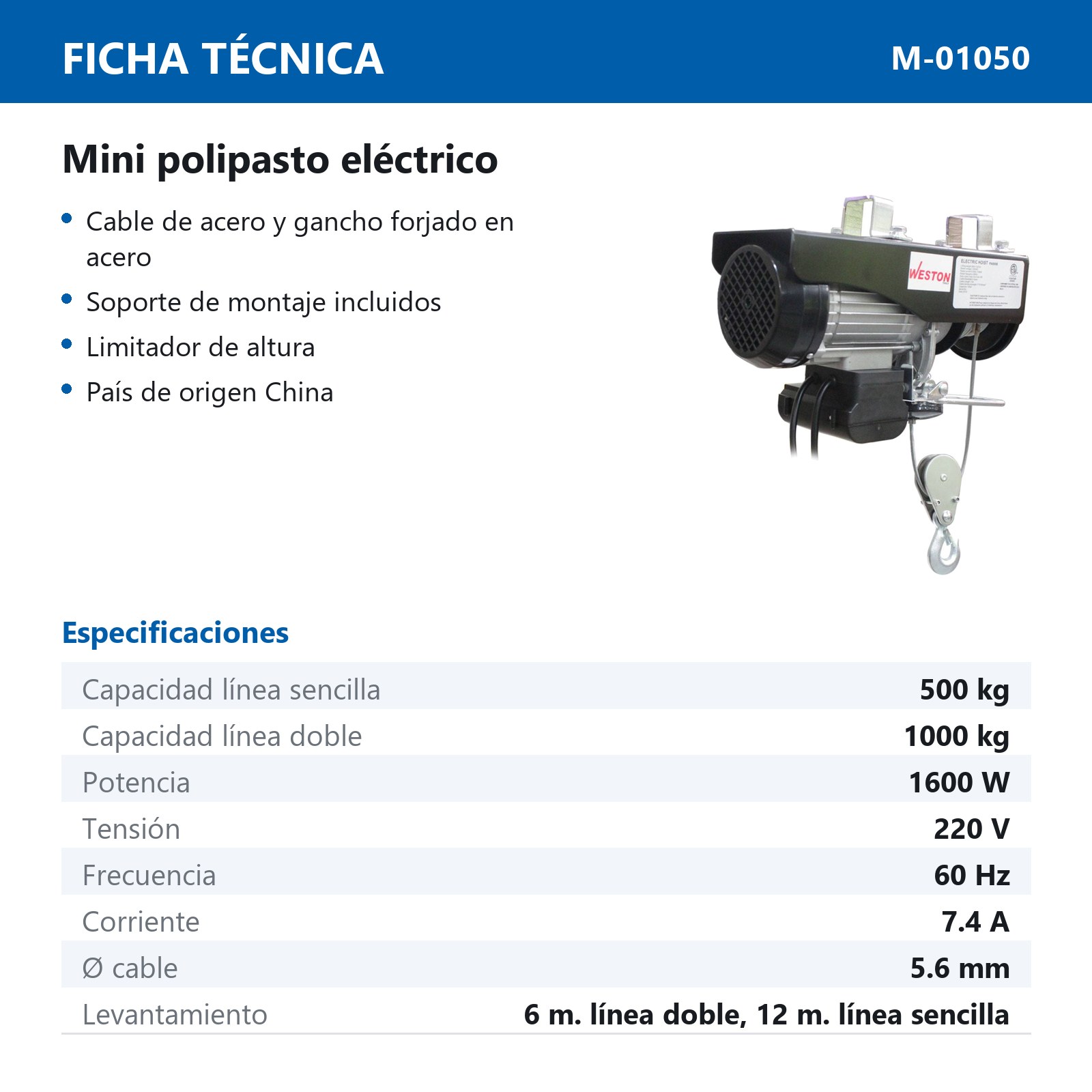 MINI POLIPASTO ELECTRICA 500/1000KG 220V - Imagen 4
