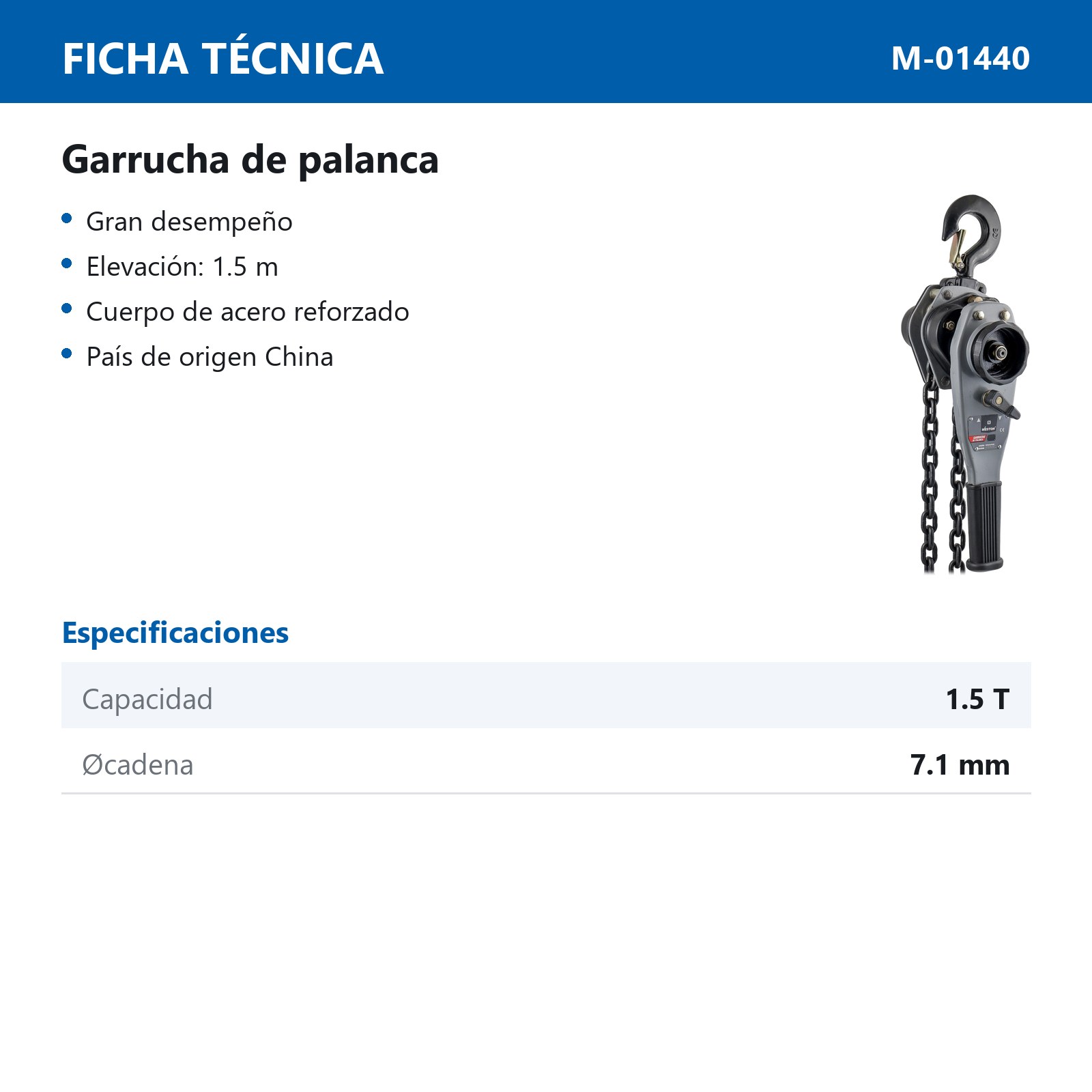 GARRUCHA D/PALANCA 1-1/2 TON. 1.5 M - Imagen 2