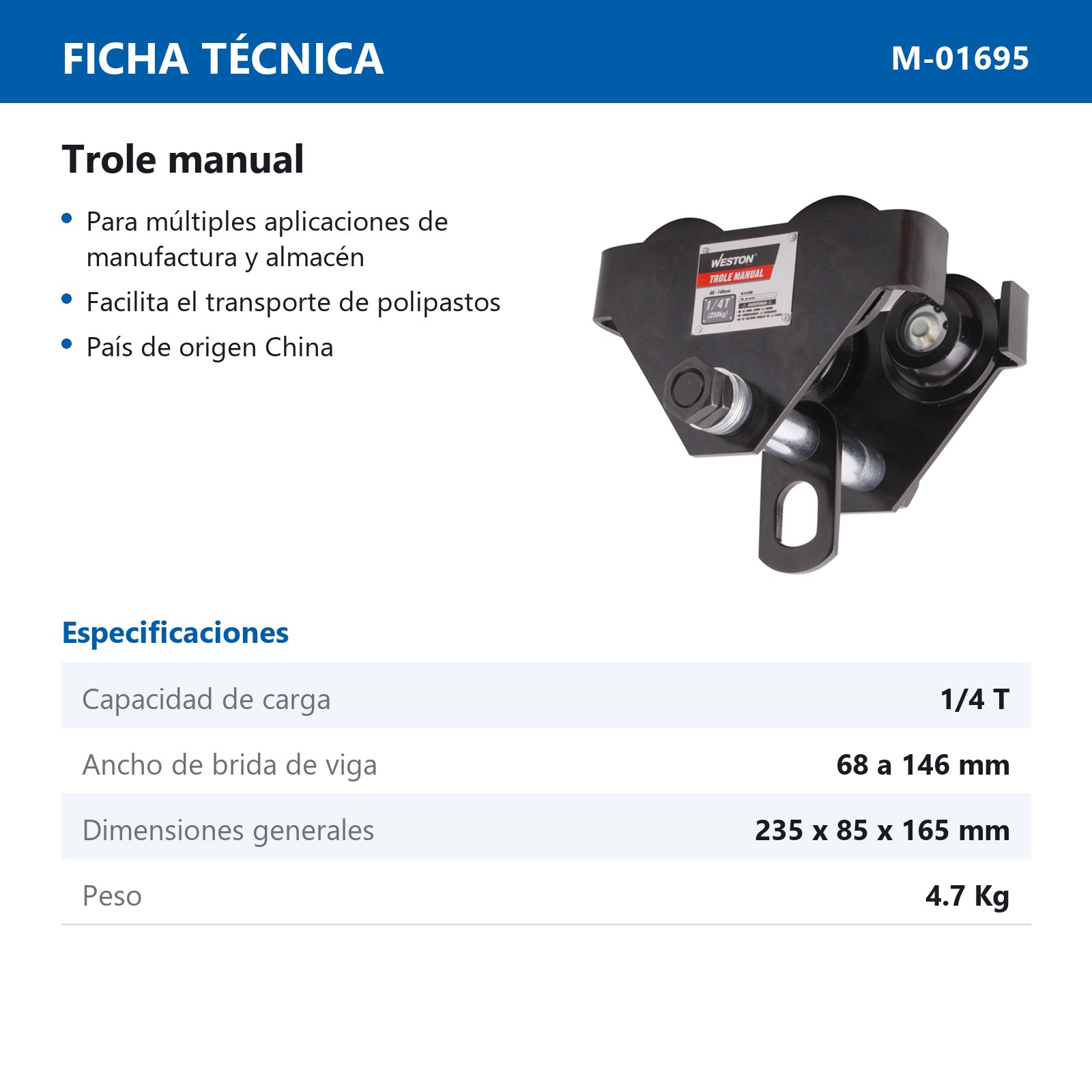 TROLLEY MANUAL PARA PORTON 1/4 TON - Imagen 4