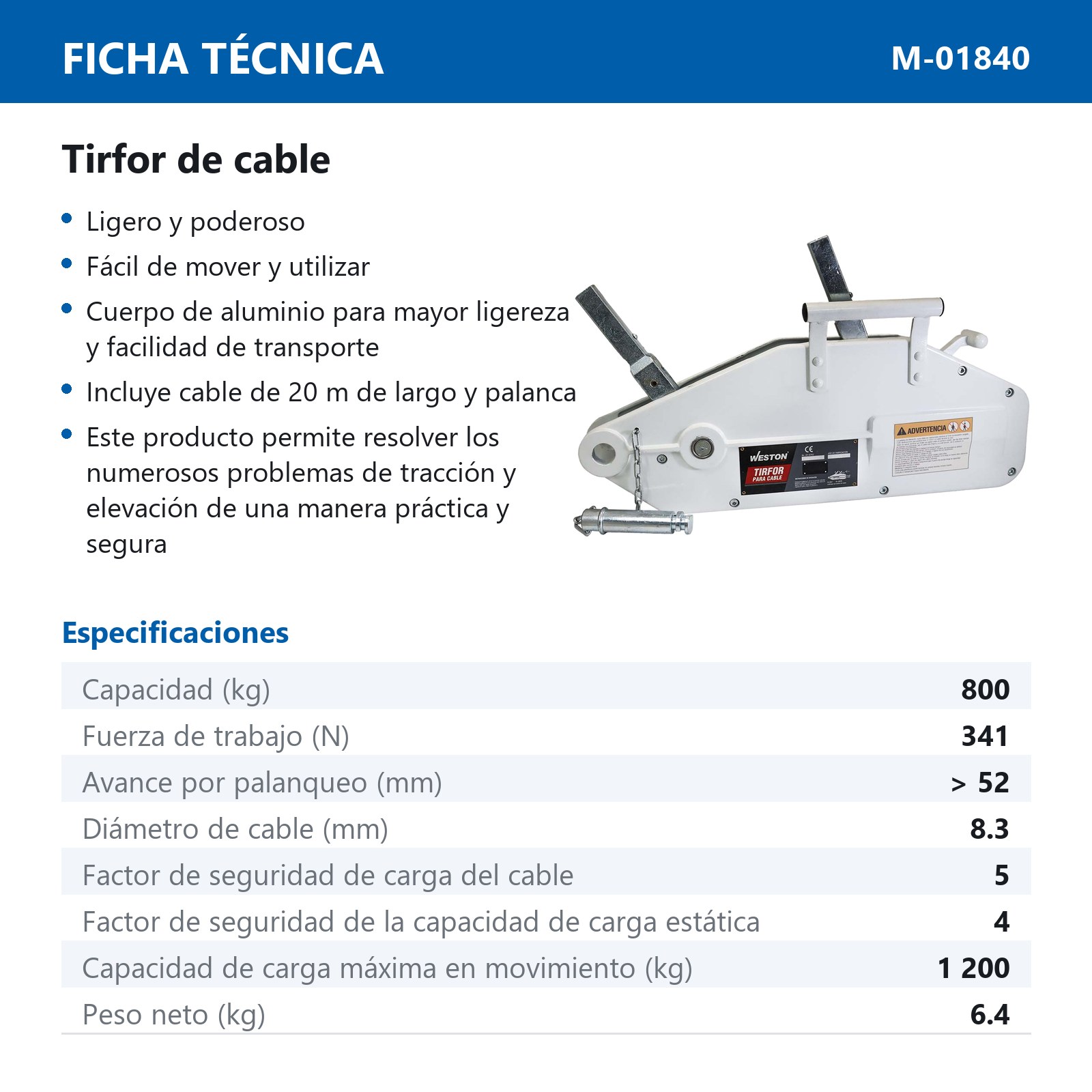 TIRFOR PARA CABLE 0.8T*20M CUERPO D/ALUMINIO - Imagen 2