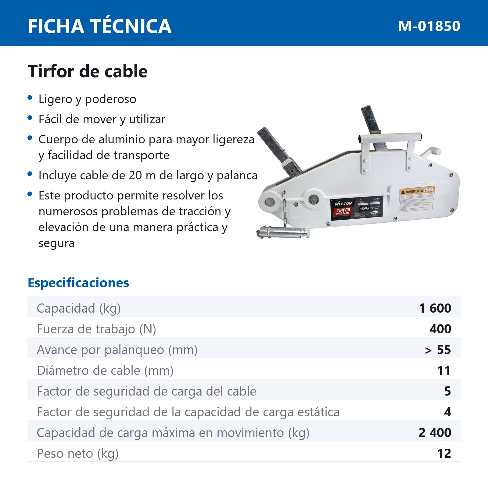 TIRFOR PARA CABLE 1.6T*20M CUERPO D/ALUMINIO - Imagen 2