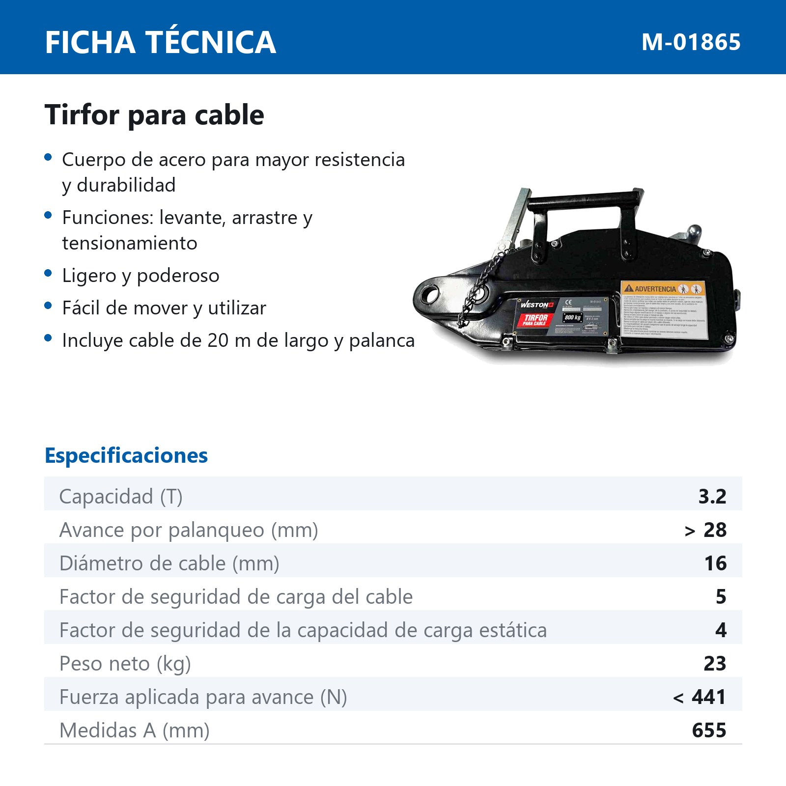 TIRFOR PARA CABLE 3.2T*20M CUERPO D/ACERO - Imagen 2