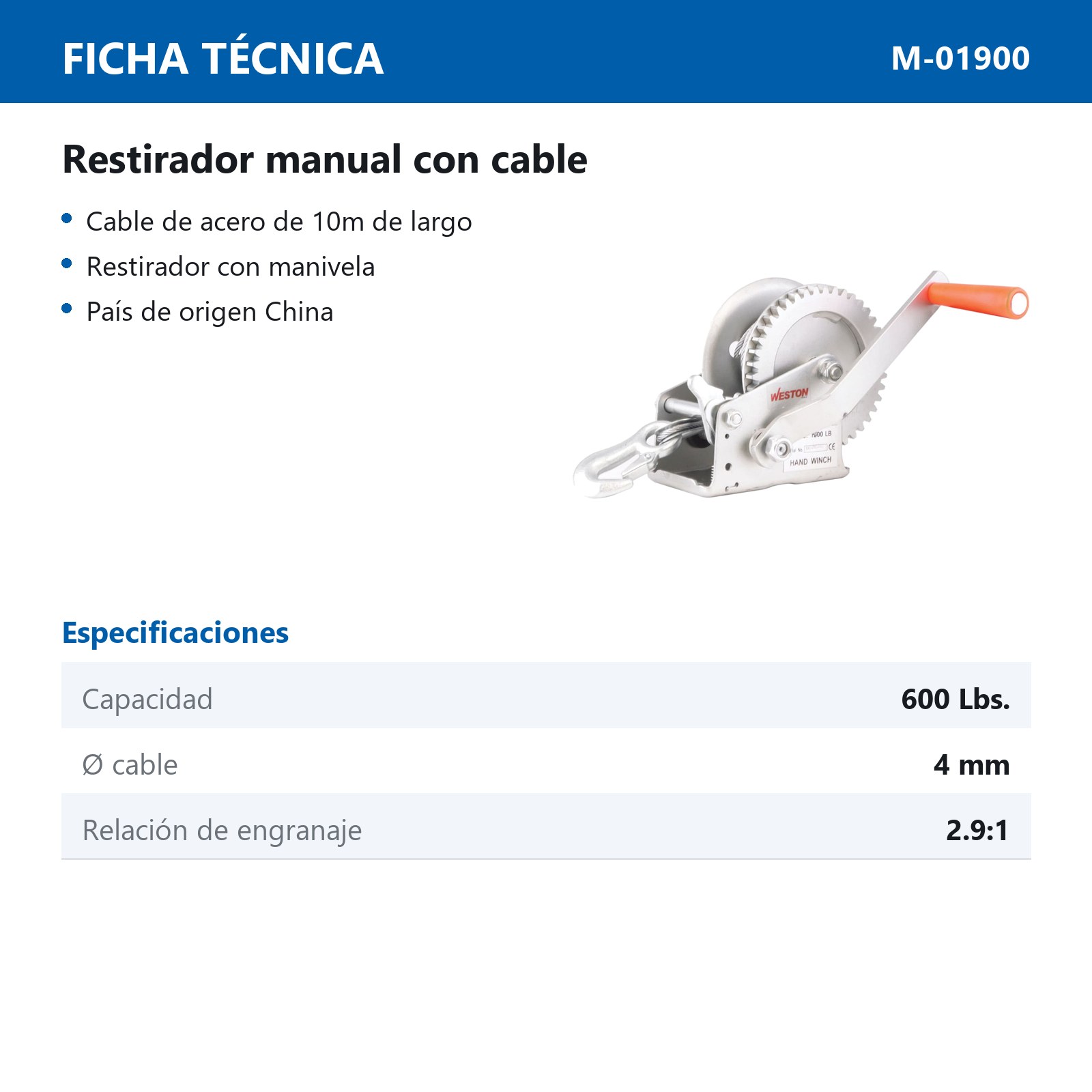 RESTIRADOR MANUAL C/CABLE 600LBS - Imagen 2