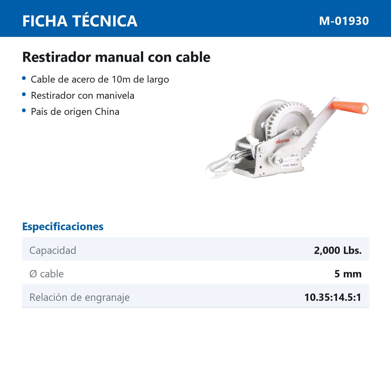 RESTIRADOR MANUAL C/CABLE 2000LBS - Imagen 2